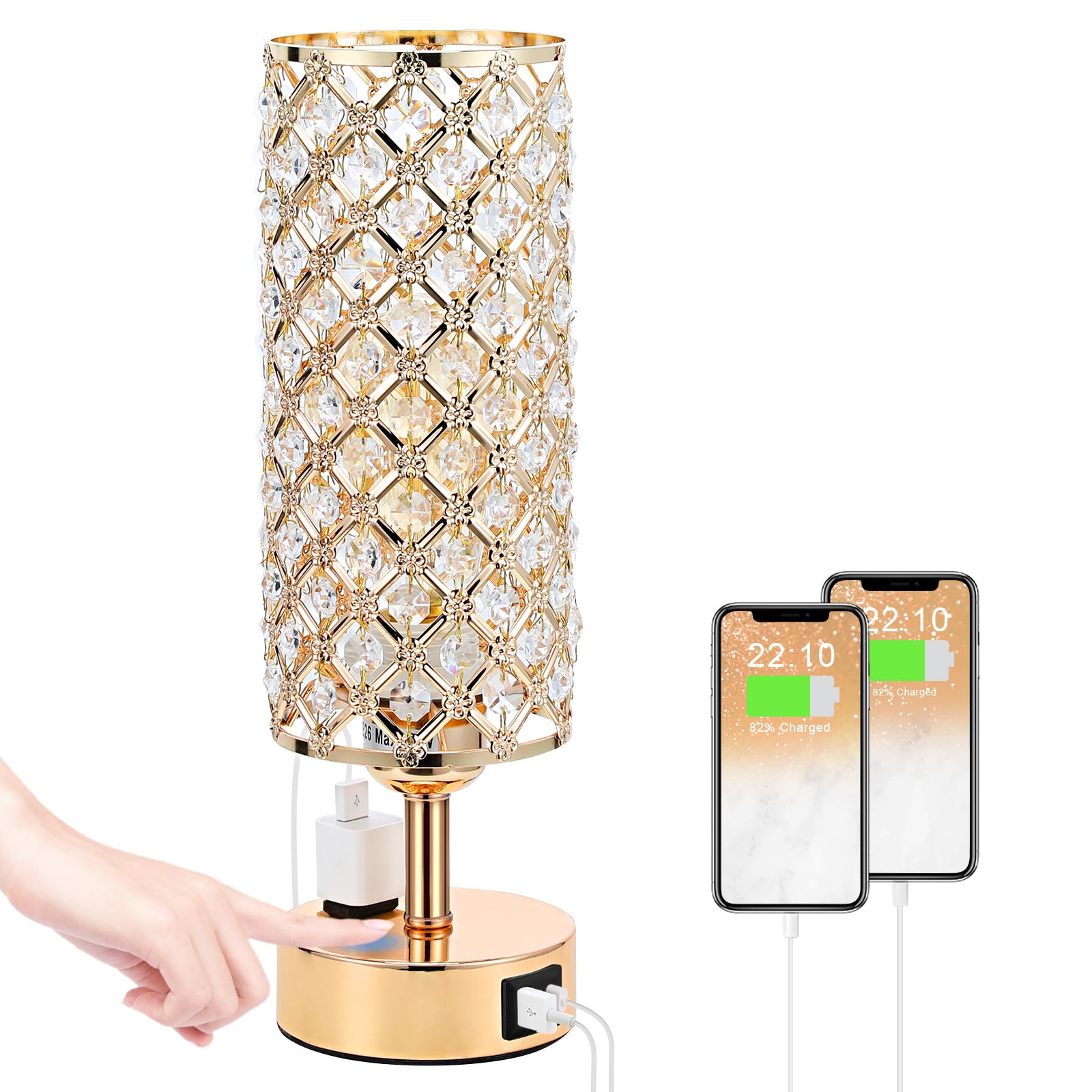 Hong-in Crystal Table Lamp, Gold Lamp for Bedroom with USBC-A+ AC Charging Ports, 3 Way Dimmable Light with Crystal Lampshade, B