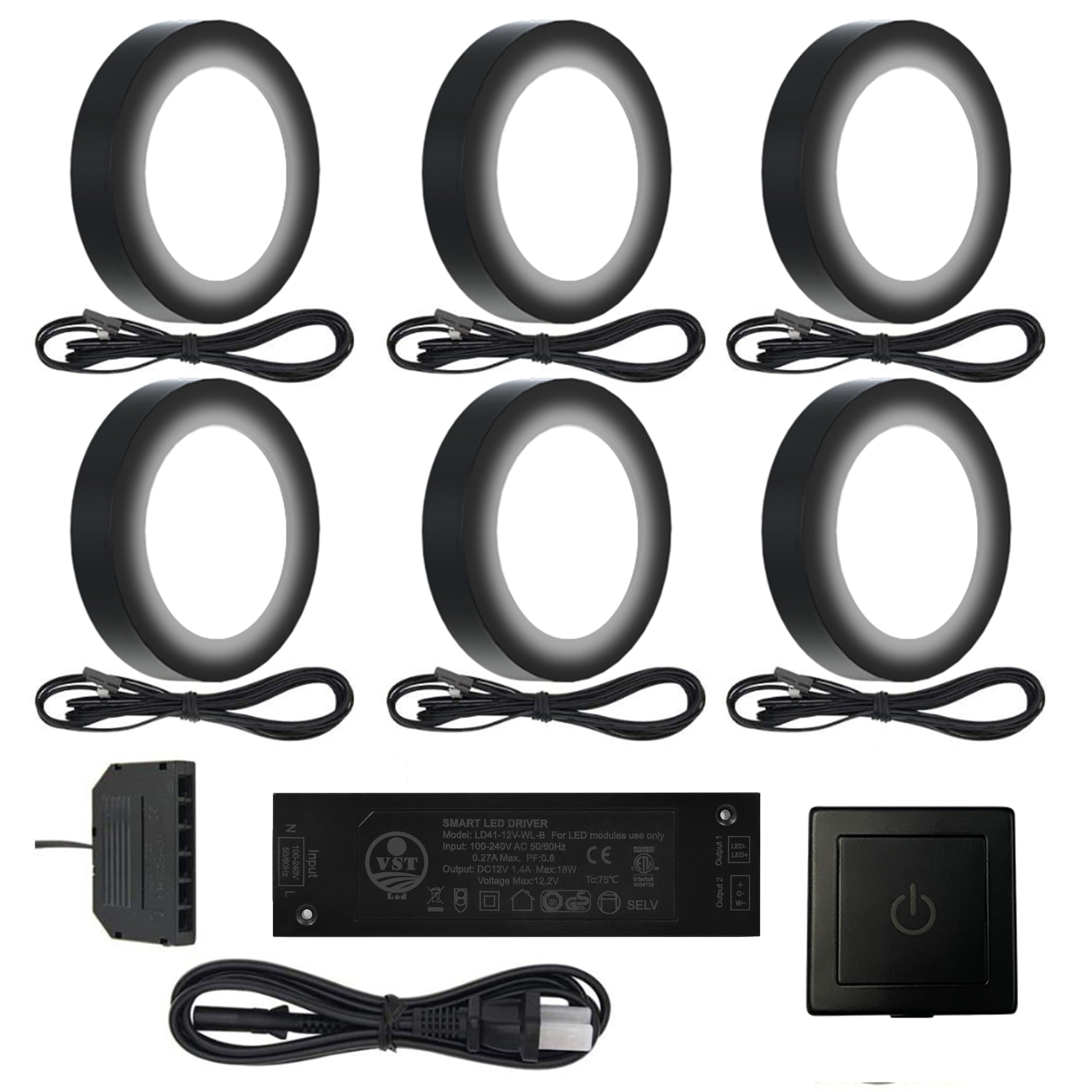 VST Under Cabinet Lighting Plug in with Wired Touch Dimmer Switch,Recessed or Surface Mount,Natural White 4000K 12V 2W/pc, 6 Pack