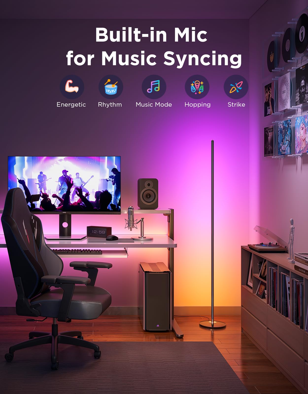 Govee RGBIC Floor Lamp - Smart LED Corner Lamp with Music Sync, 16M Colors, Black, Model H6076