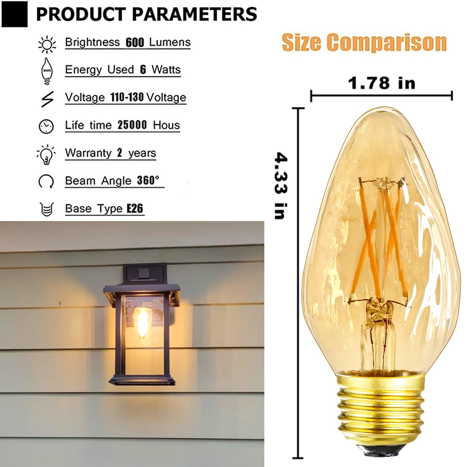 Leools E26 Vintage Edison Bulbs 6W Dimmable Led Bulbs 2700K Amber Warm White 600Lm 6 Pack 120V Ac E26 Medium Base Light Bulbs Fo