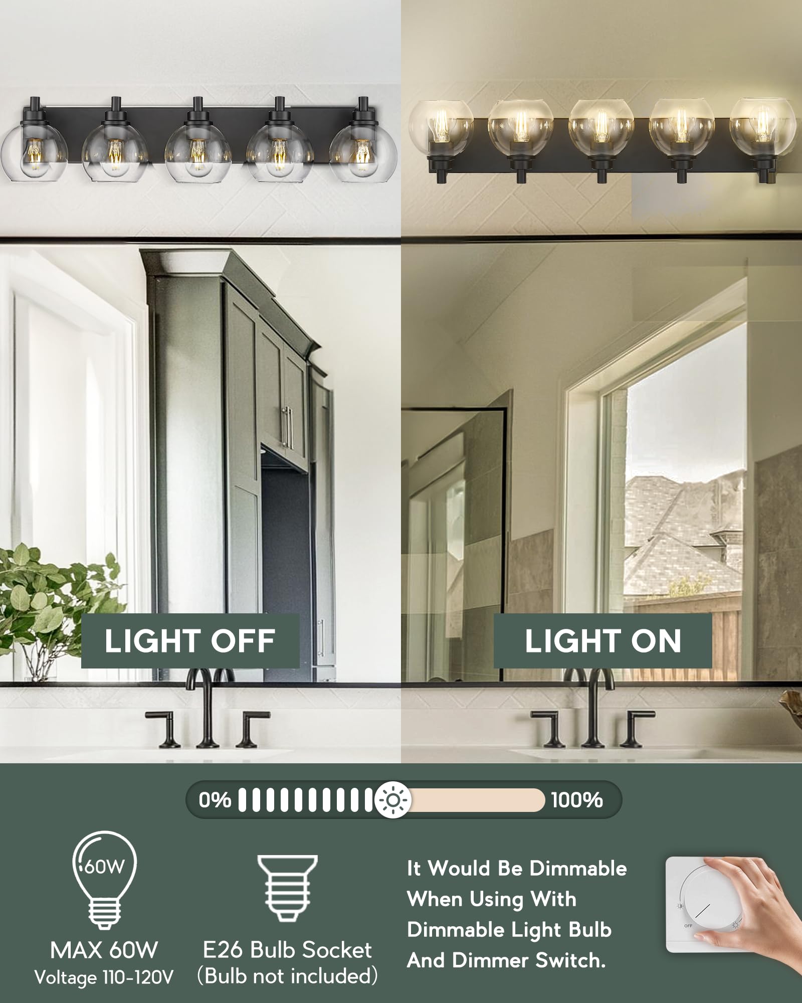 Metwet Bathroom Light Fixtures, 5 Light Matte Black Vanity Light, 32 Inch Modern Wall Sconces With Globe Clear Glass Shade, Vani