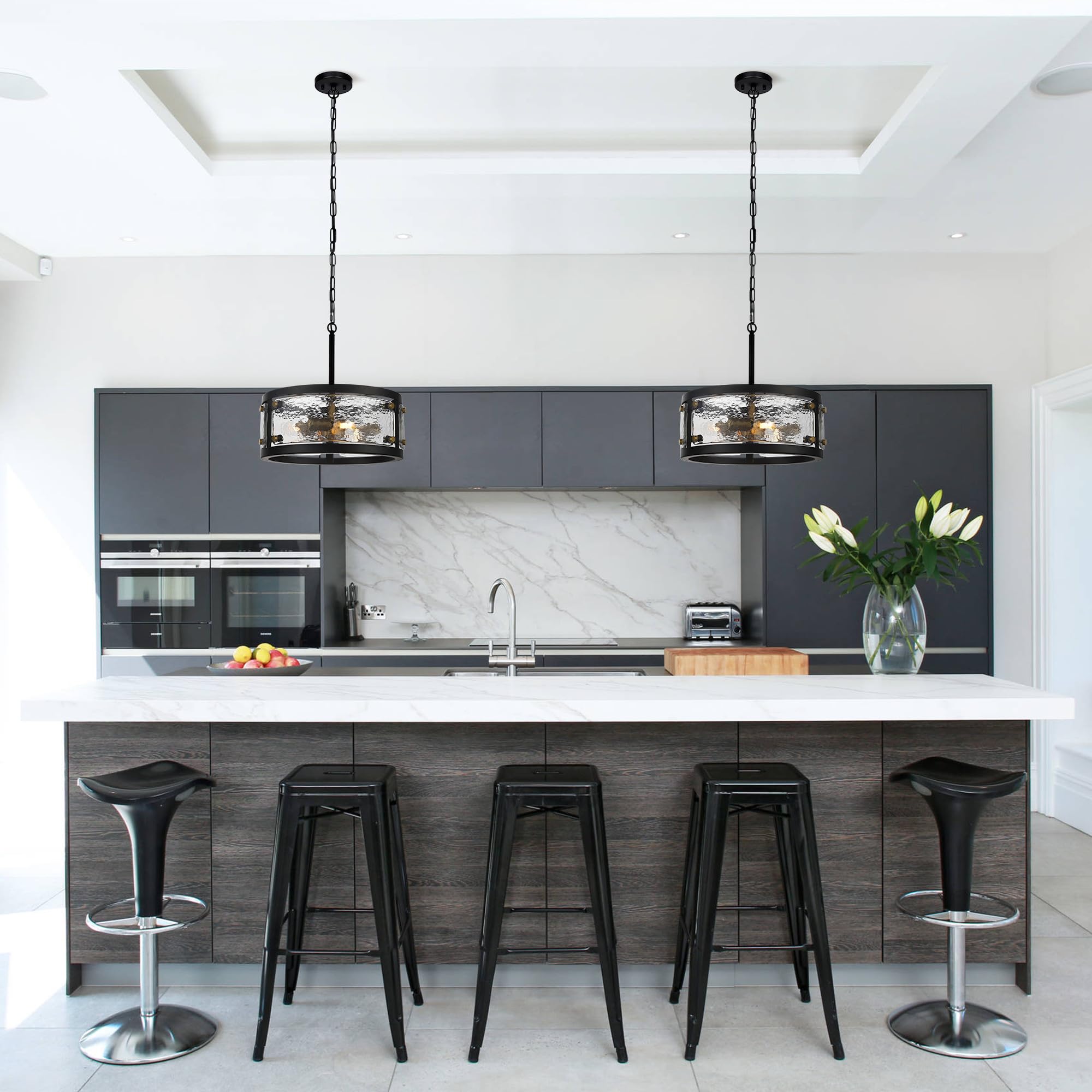 Cnratye 13'' Industrial Drum Glass Chandelier, 3-Light Rustic Hanging Pendant Lights, Metal Round Lighting Fixture For Dining Ro