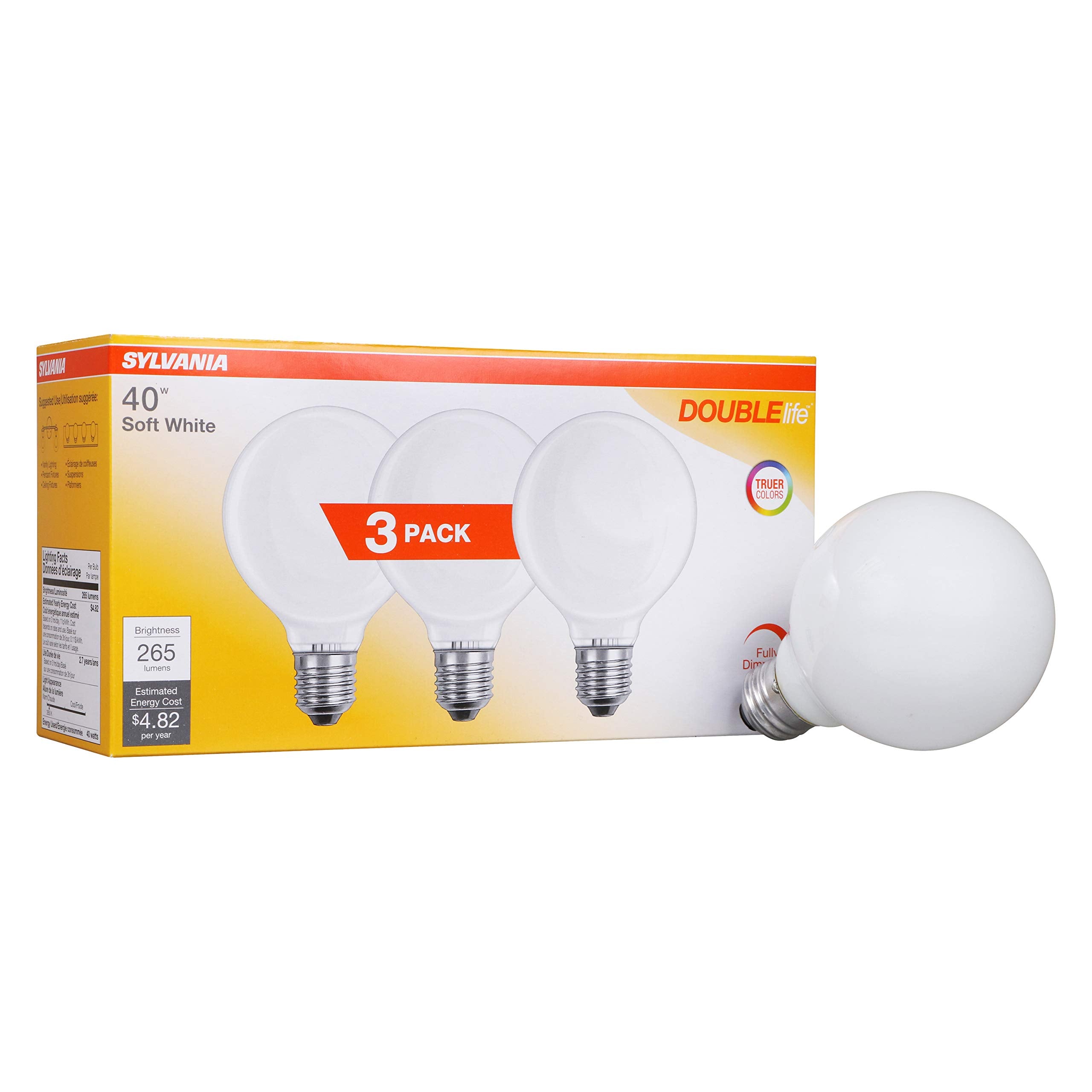 LEDVANCE SYLVANIA G25 Incandescent Globe Light Bulb 40W 265 Lumens Frosted Soft White 3 Pack Model 15345