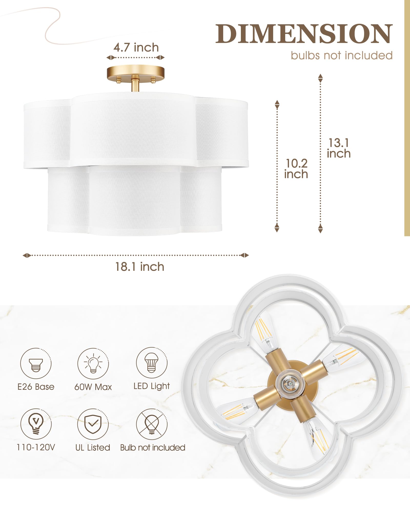 Audickic Gold Semi Flush Mount Ceiling Light, 5-Light 18'' Ceiling Light Fixtures With Double Fabric Drum Shade In Quatrefoil Sh