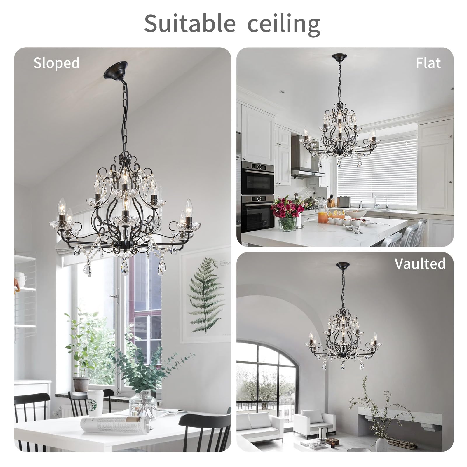 Wuzups 9-Light Crystal Candle Chandelier Pendant Flushmount Ceiling Light Modern Lighting Fixture For Bedroom Hallway Bar Kitchen Bathroom  H 18.1 X W 25.6  Black  E12 Base