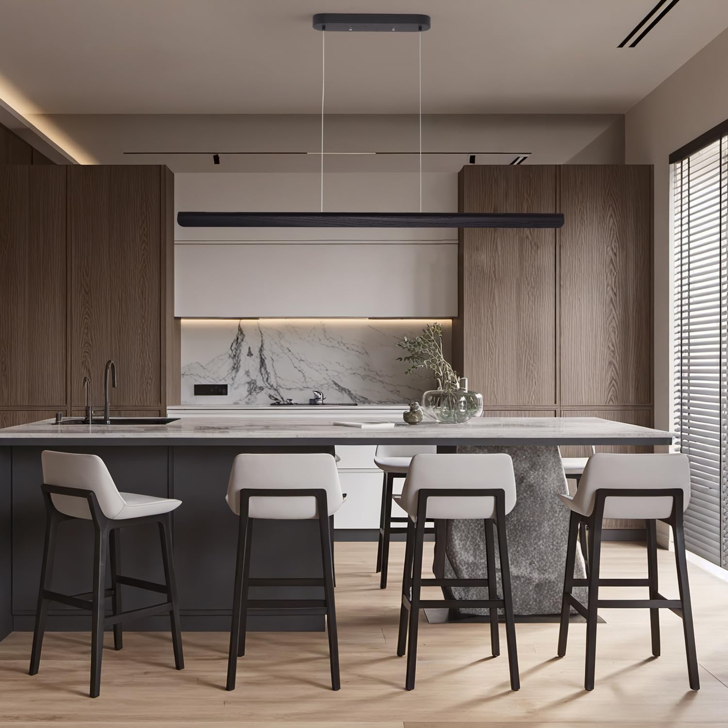 Yisdesign 47Inch Wood Led Linear Pendant Light  Dimmable Wood Ceiling Lamp Minimalist Linear Chandelier  36W Warm Light 3000K  Modern Kitchen Island Dining Room Lighting Black Adjustable Height