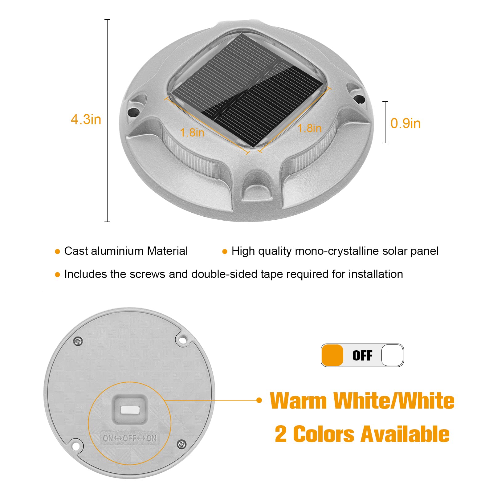 VOLISUN Solar Driveway Lights 4 Pack, Waterproof LED Deck Lights, White/Warm White, Aluminum, Model 21360ZM