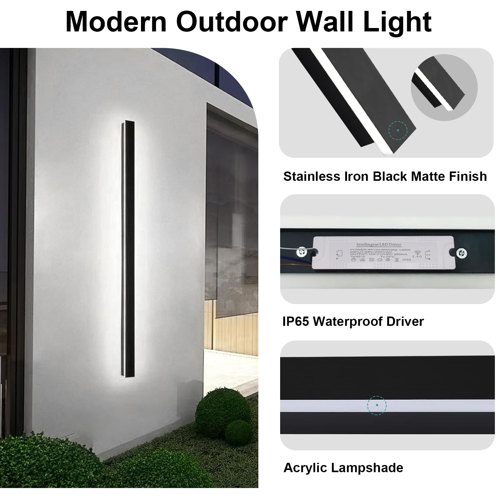 Nkjortppl 59Inch Garage Outside Wall Light For House, Modern Long Strip Led Outdoor Wall Lights Fixture, Black Dimmable Linear E