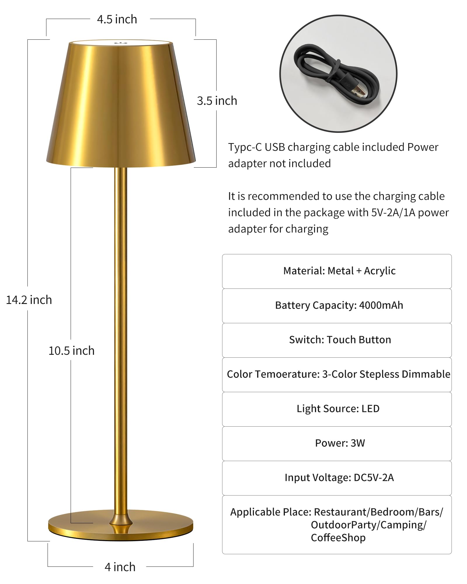 PUSU Cordless Rechargeable Table Lamp Set of 2, LED, 3 Color Stepless Dimming, Metal, Gold, Model AMZ-TBL-020