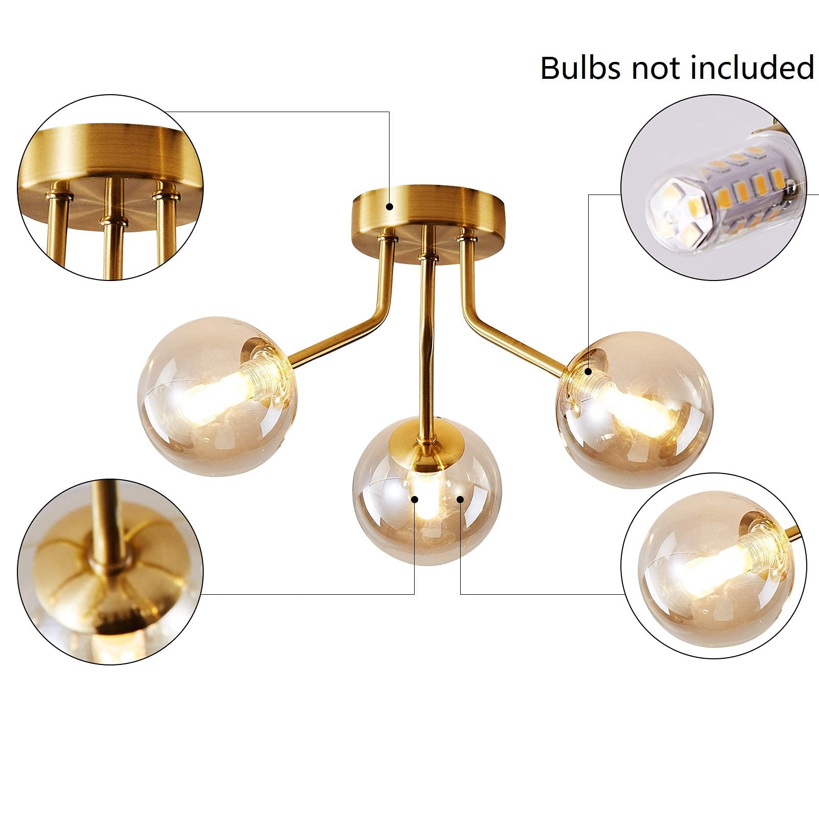 Modern Sputnik Chandeliers 3 Light Gold Semi Flush Mount Ceiling Light Fixture Pendant Lamps Bulbs With Glass Globe Lighting For