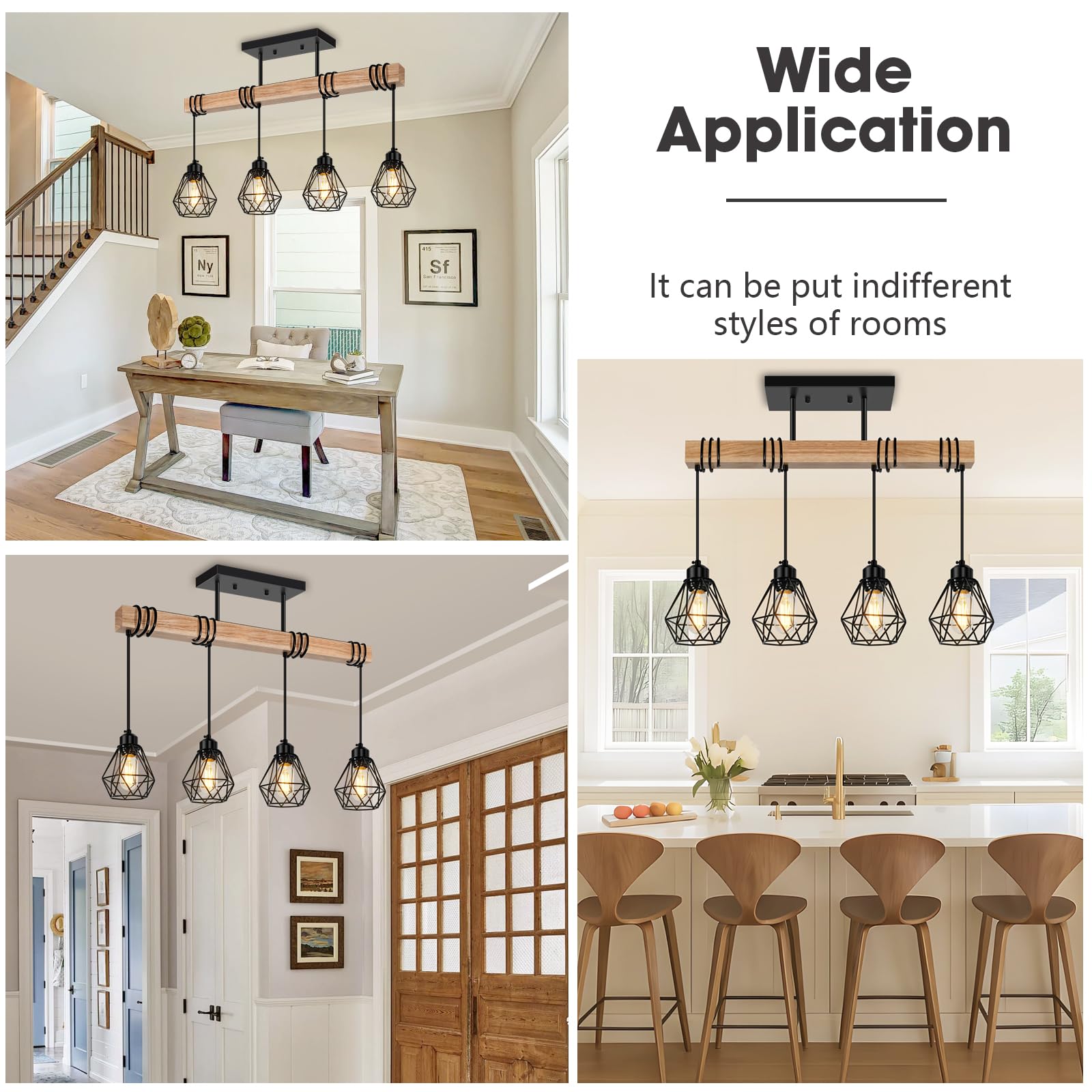 Feanron 4-Lights Farmhouse Wood Kitchen Island Lighting  23.6 Dining Room Light Fixtures Chandelier Over Table  Rustic Black Cage Pendant Lights Ceiling Hanging For Pool Table  Living Room  Hallway