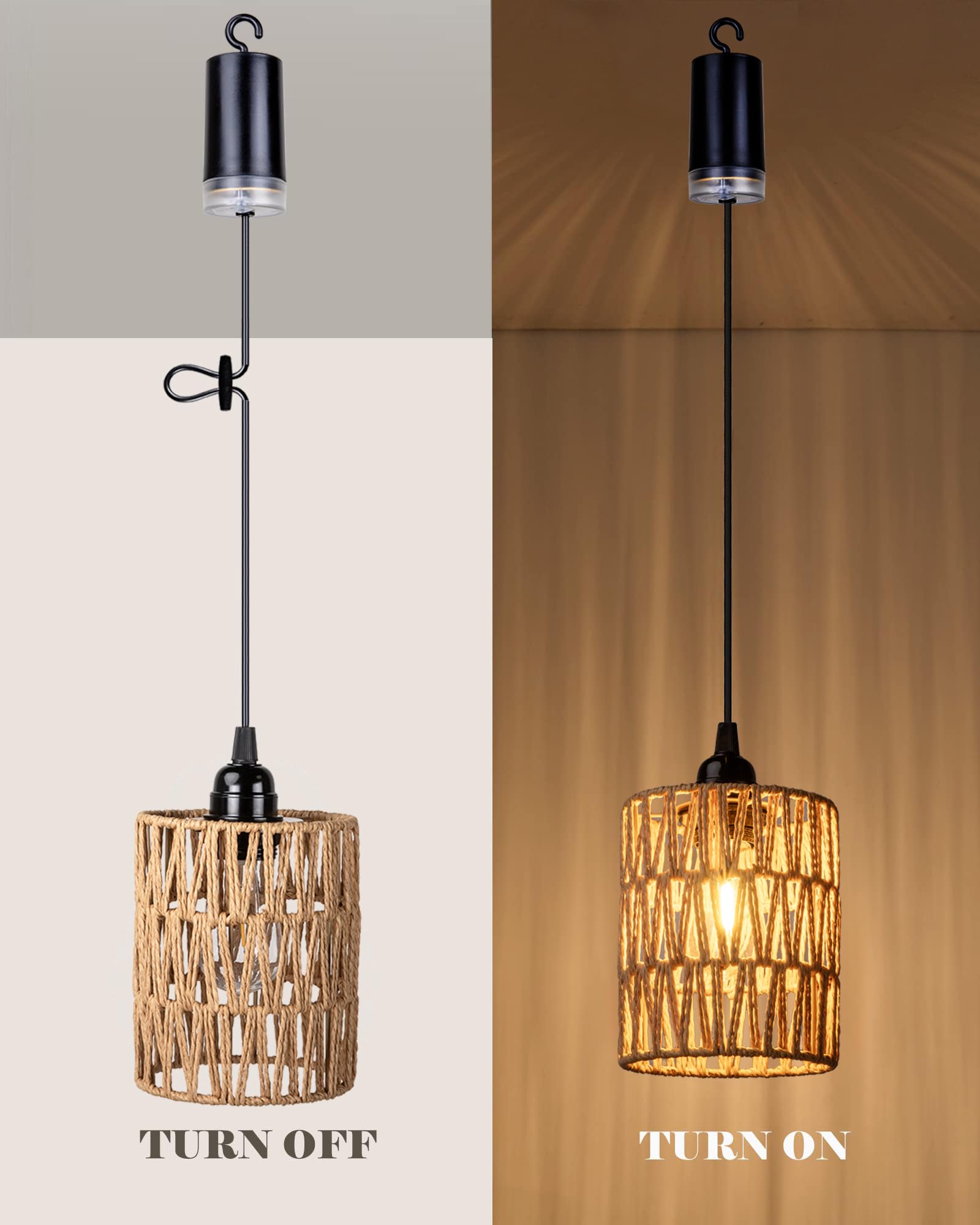 ALL FORTUNE Battery Operated Rattan Chandelier Light, Warm White, Model KF61822, Beige, Perfect for Indoor/Outdoor Decor