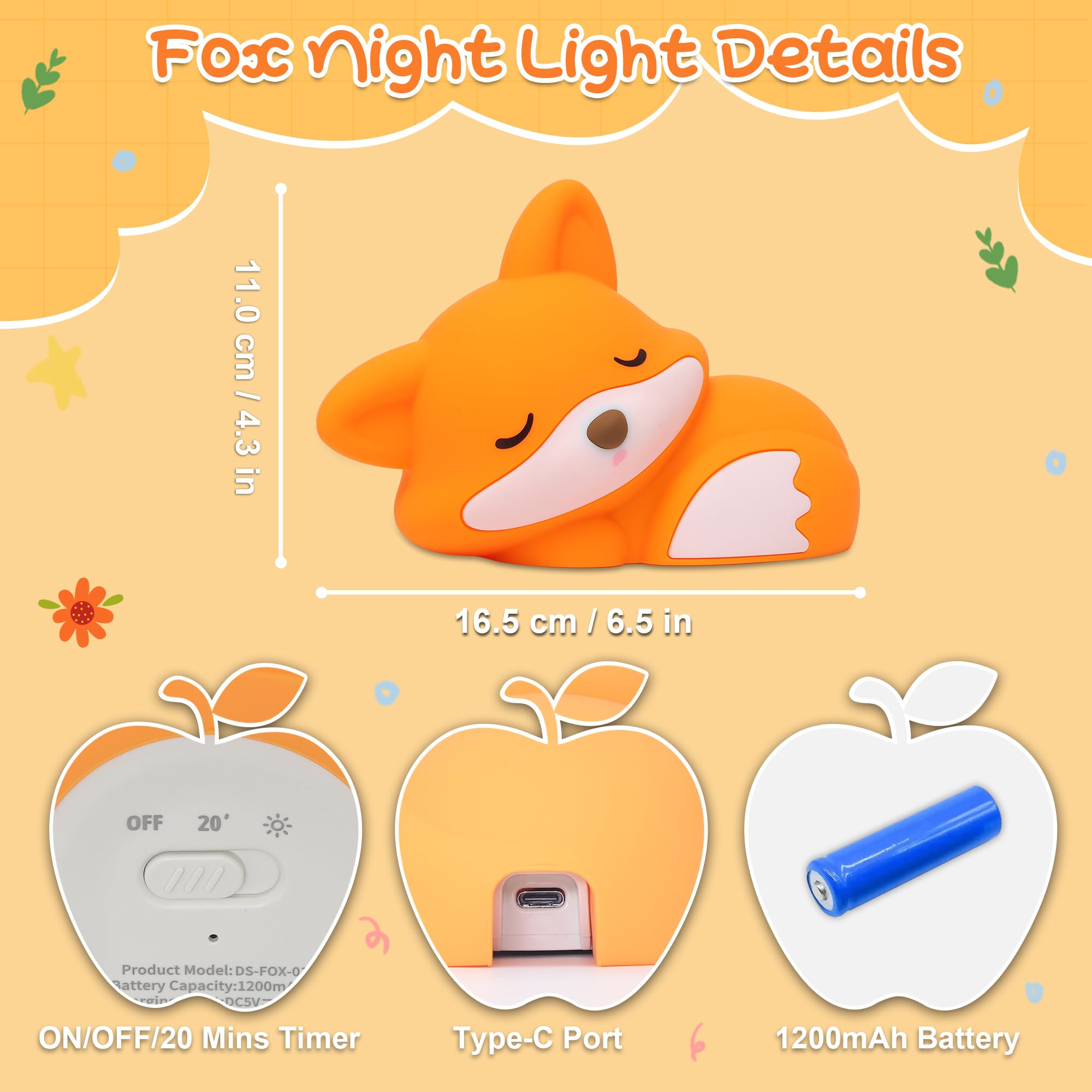 Okayera Fox Night Light For Kids  Cute Silicone Lamp With Rechargeable Dimmable 20 Mins Timer  Kids Bedside Decoration Light  Birthday Holiday Christmas Gifts Idea For Baby Girl Boy Friend