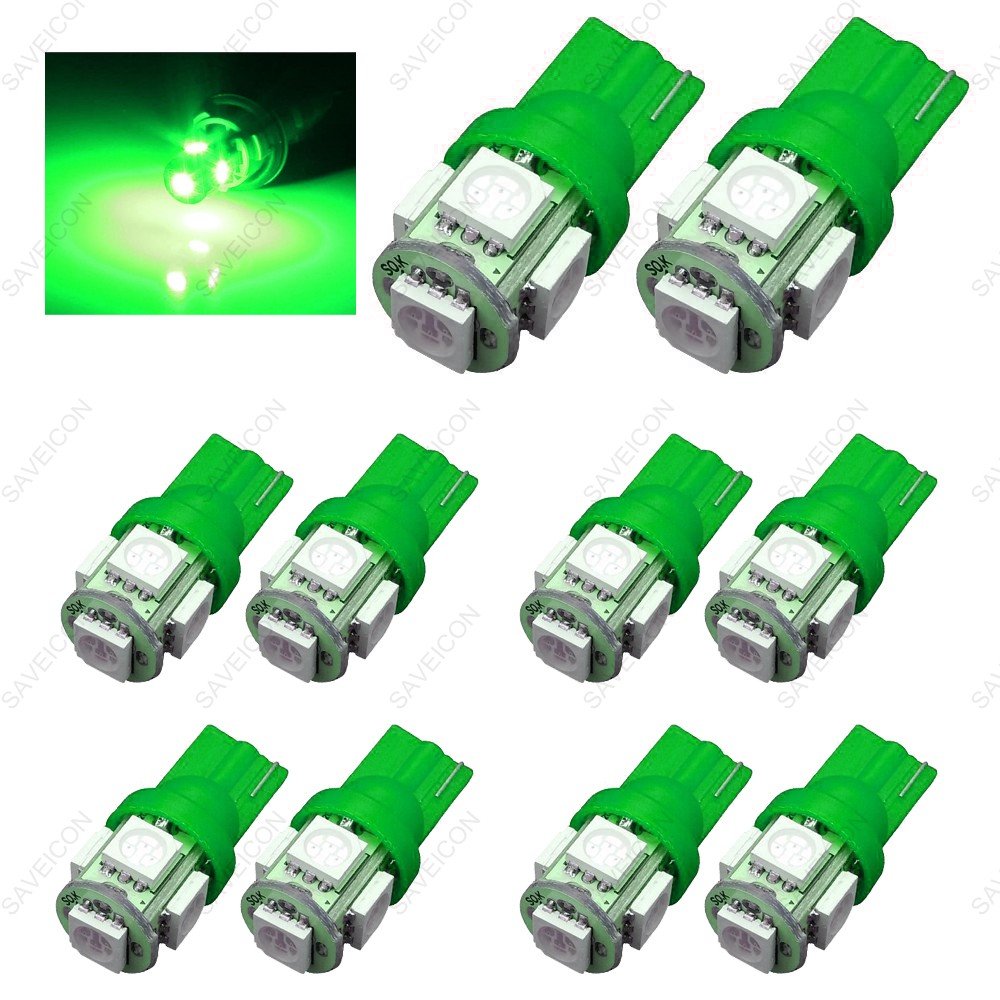 SAWE 5-SMD LED License Plate Dome Map Lights Bulbs Pack of 10 Green