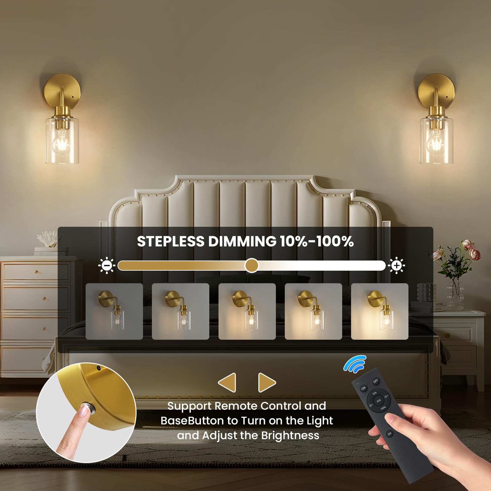 Epinl Dimmable Battery Operated Wall Sconce Set of 2 - Wireless Gold Glass Lamps, Rechargeable, 3000K Modern Lighting for Home