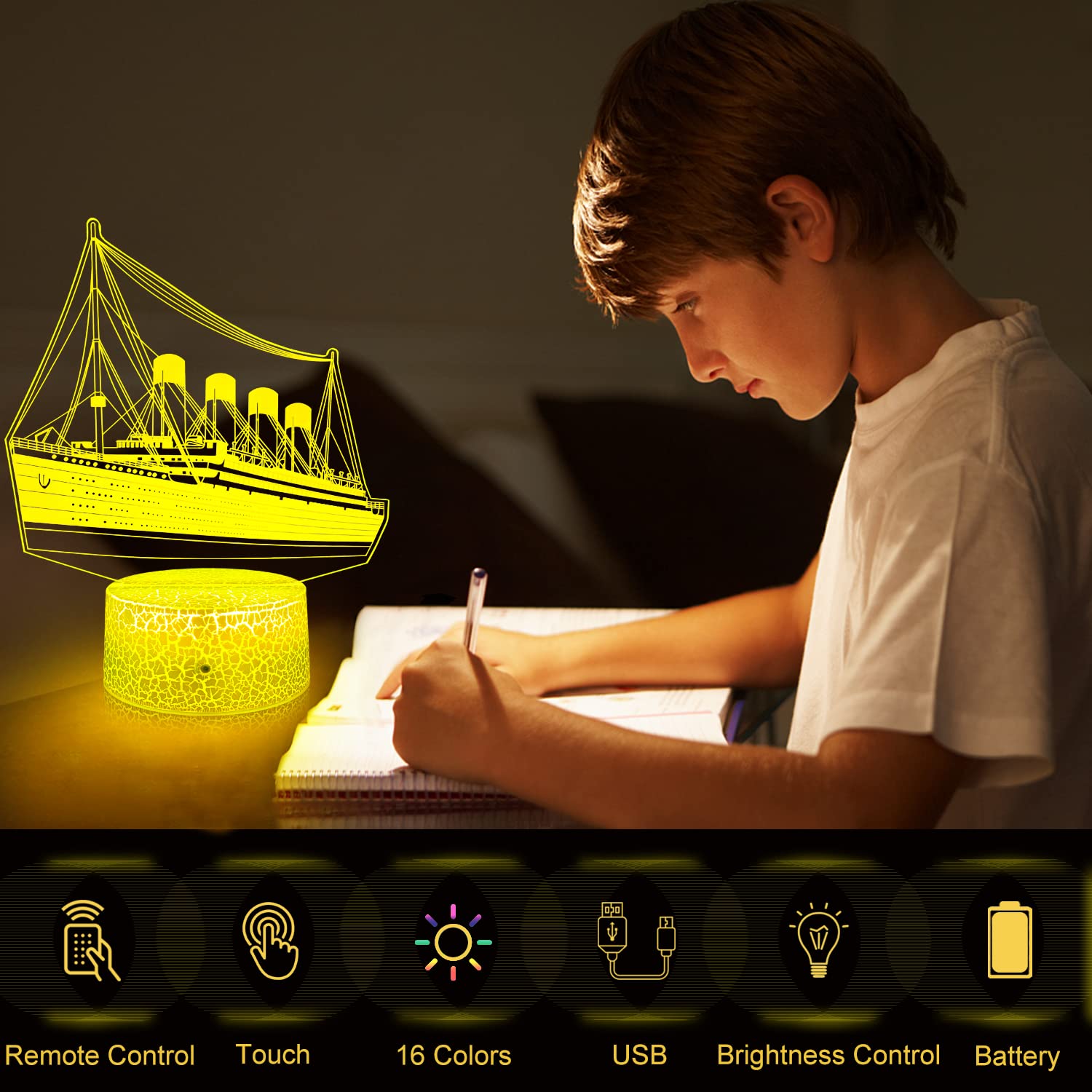 GIMFRY 3D Ship Night Light for Kids - 16 Colors, Remote & Touch Control, Multicolor, Model C01, Perfect for Boys Room Decor