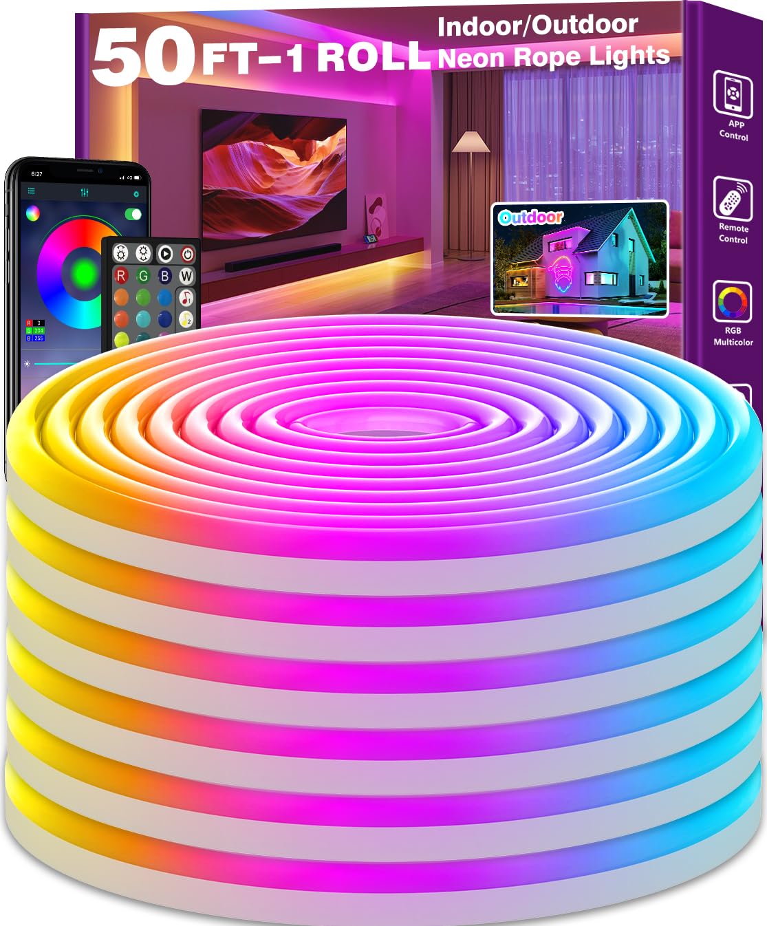 SINLEY Led Neon Rope Lights Control with App/Remote Flexible Led Rope Lights Multiple Modes IP68 Outdoor RGB Neon Lights Waterproof Music (50FT)
