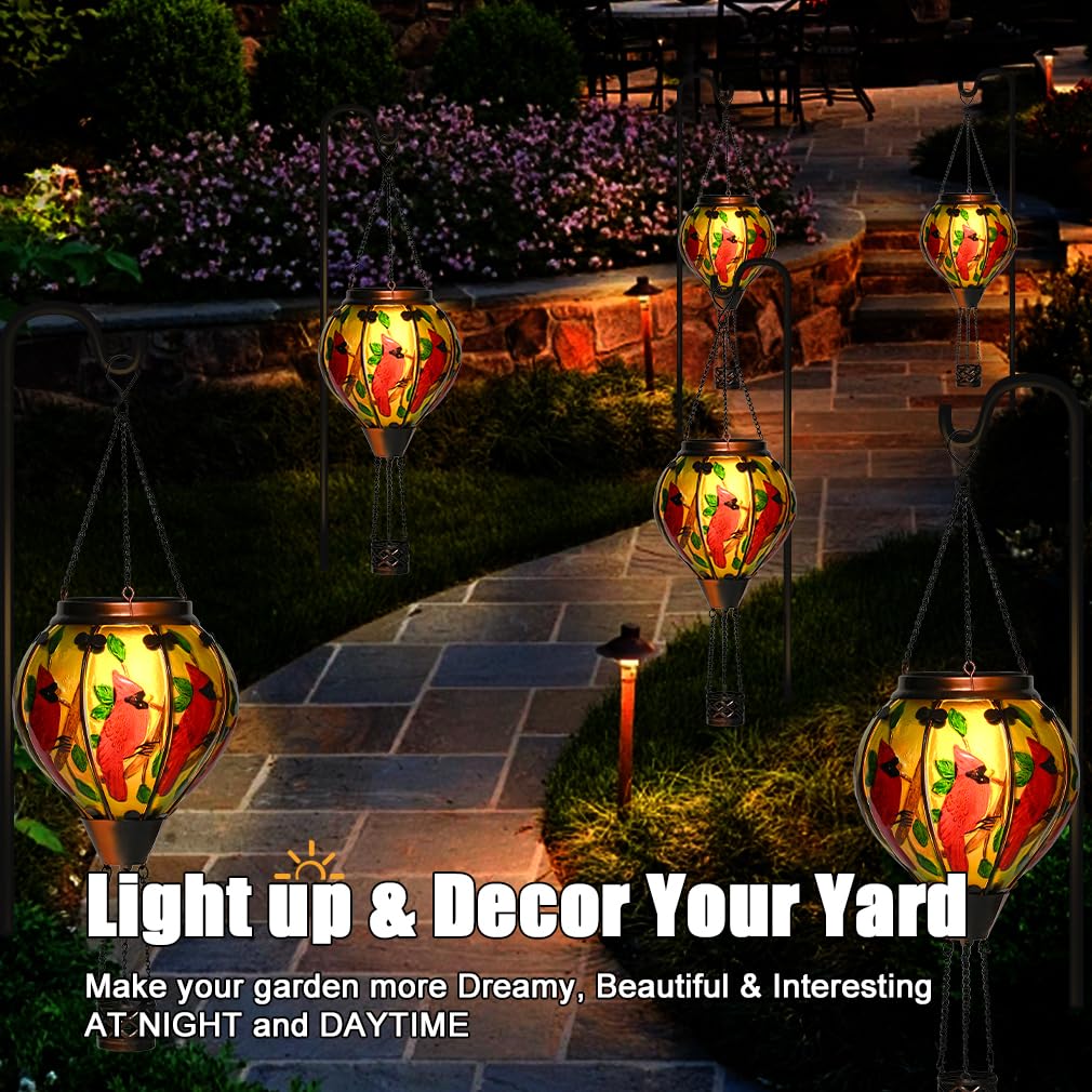 Bathtoo Hot Air Balloon Solar Lantern - Large Cardinal Glass, Waterproof IP65, Simulated Flickering Flame for Patio & Porch Decor