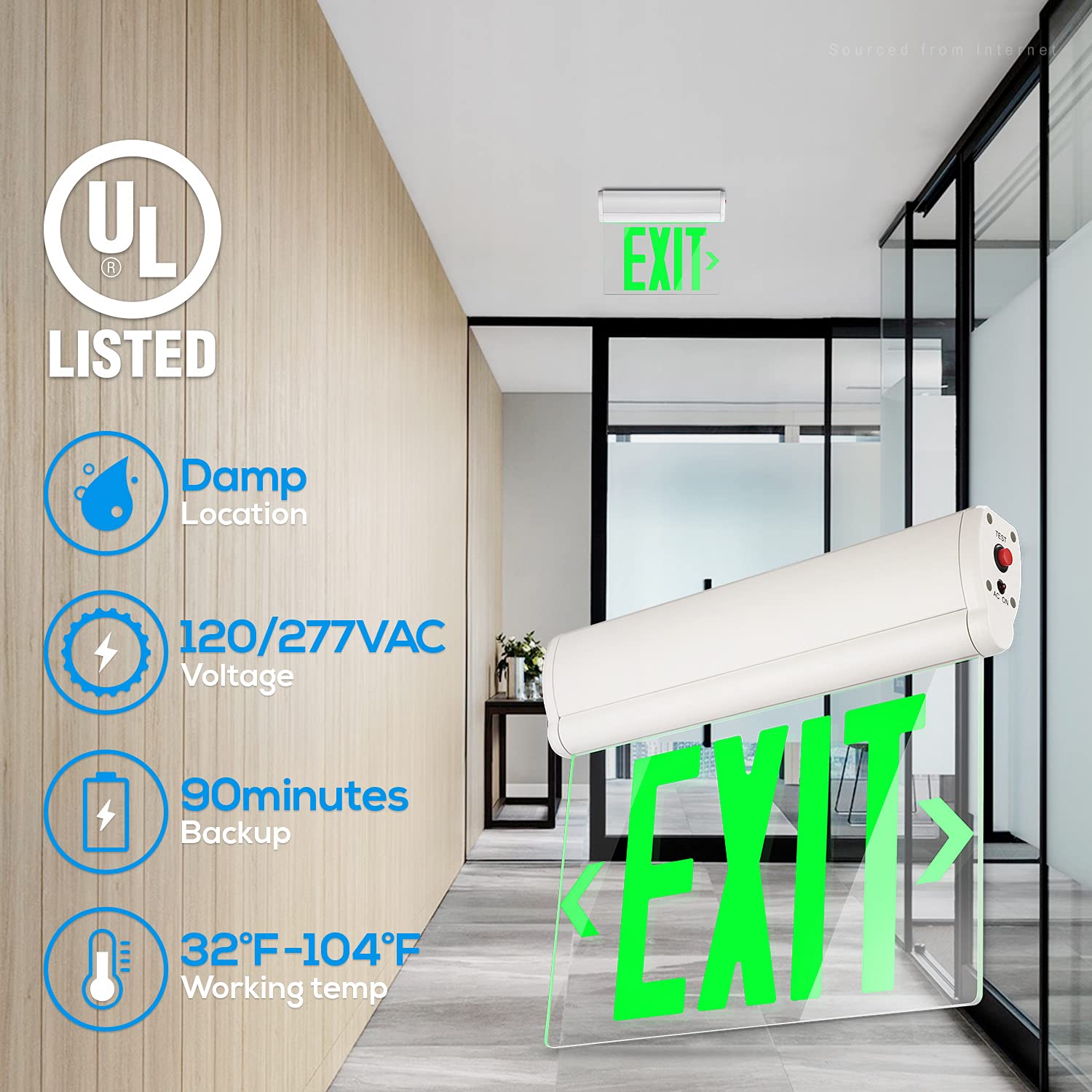 Leonlite Green Emergency Exit Sign, Ul 924, Led Edge Lit Exit Sign, Hardwired Exit Lights With Battery Backup, Double Sided, Rot