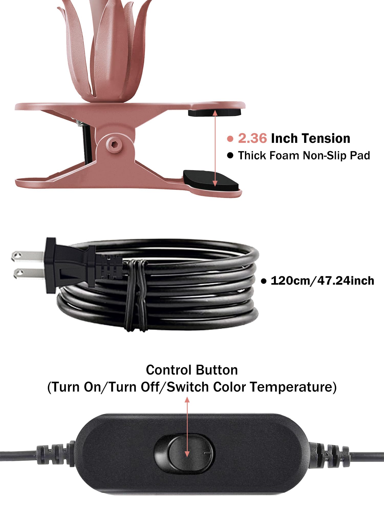 DSYHYL Flexible Gooseneck Desk Lamp - 3 Color Modes, Eye-Care LED Light, Pink, Clip-On for Bed, Study, Office, Model: fenjiazi