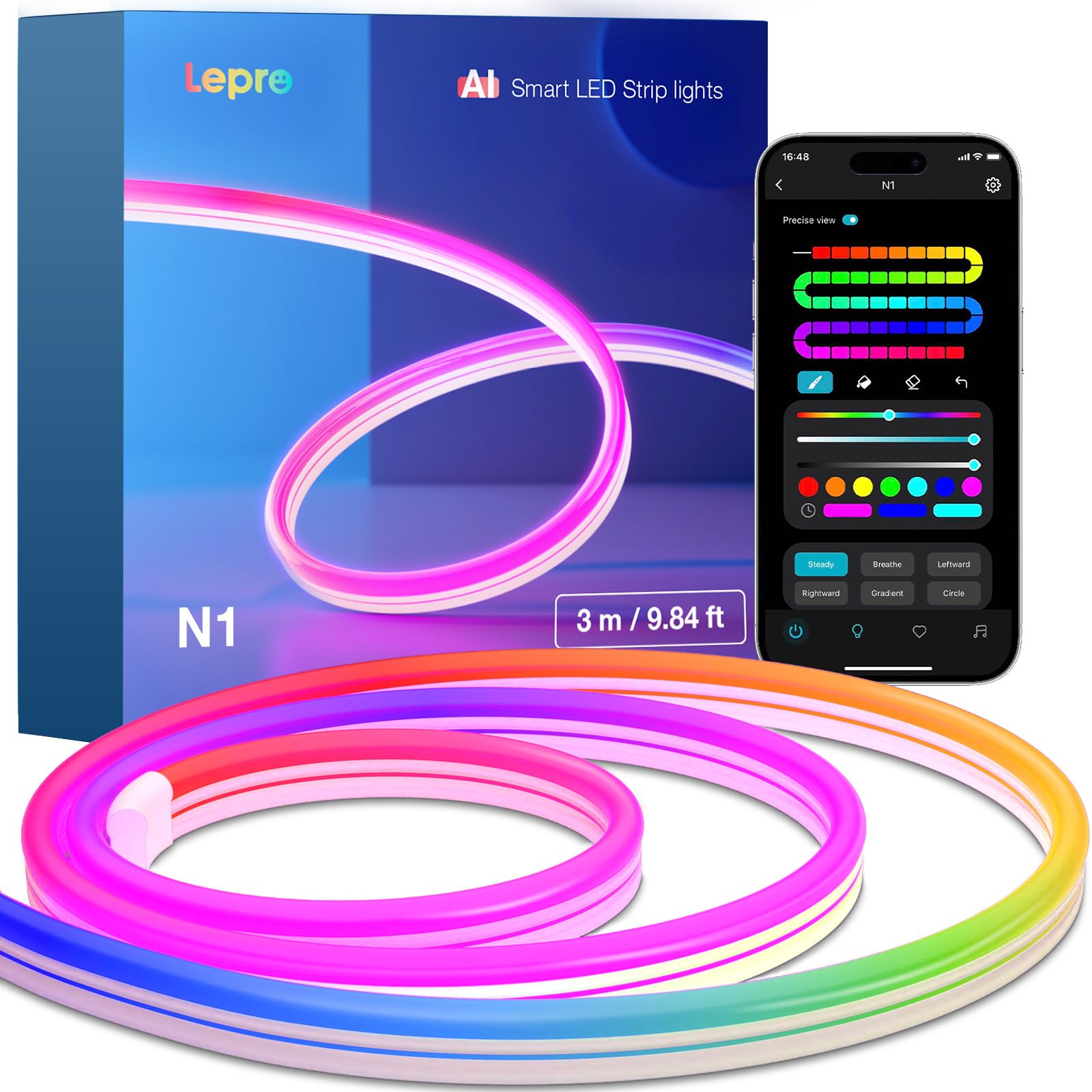 Lepro N1 AI Smart RGB Rope Lights, 9.84ft, Multicolor, Voice Control, Music Sync, Wi-Fi & Bluetooth