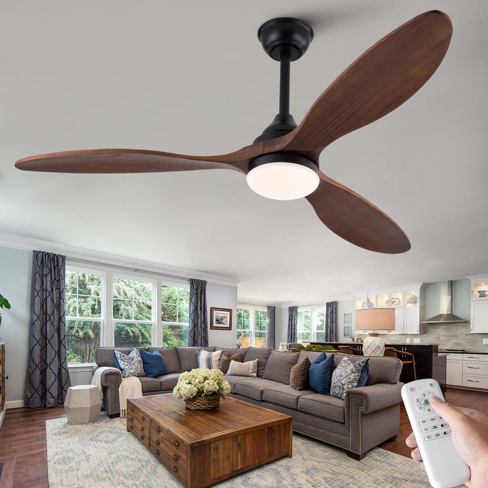 BOJUE 52 Inch Ceiling Fan with Light, Dimmable LED, Walnut Wood cutting edges, Indoor Outdoor Use