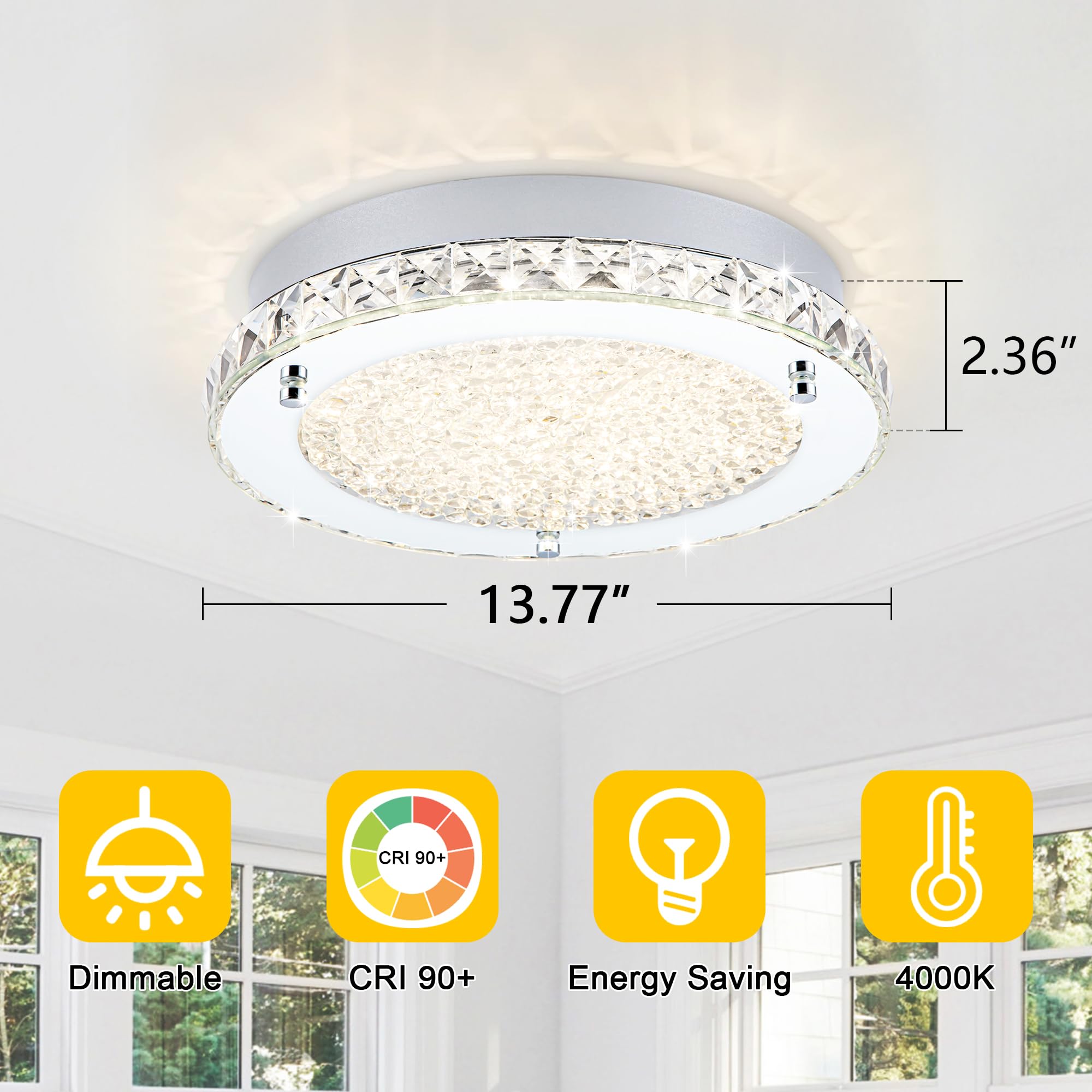 Lzawvm Crystal Ceiling Light Fixture LED Dimmable 24W 13 Inch Glass 4000K for Kitchen Bedroom Bathroom Living Room