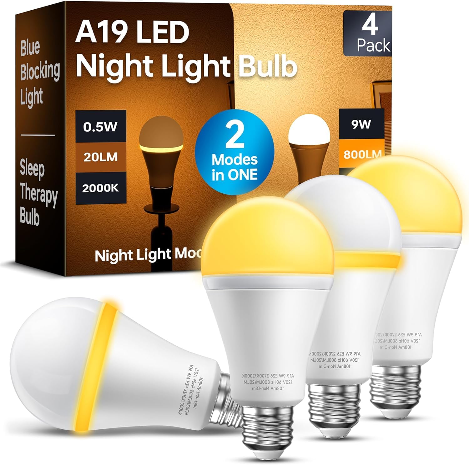 Kindeep Light Bulbs, E26 Blue Light Blocking Dim Bulbs With 2 Modes, 0.5W Amber Light With 20Lm 2000K, 9W Equivalent 60W, 800Lm 