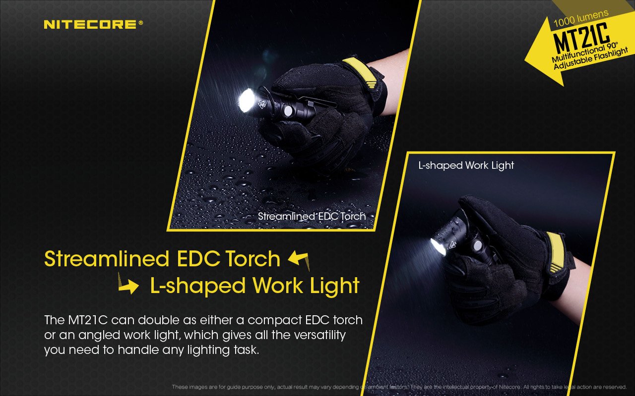 NITECORE MT21C LED Flashlight - 1000 Lumen, USB Rechargeable, Black, Right Angle 90° Tiltable Head, Anodized Aluminium