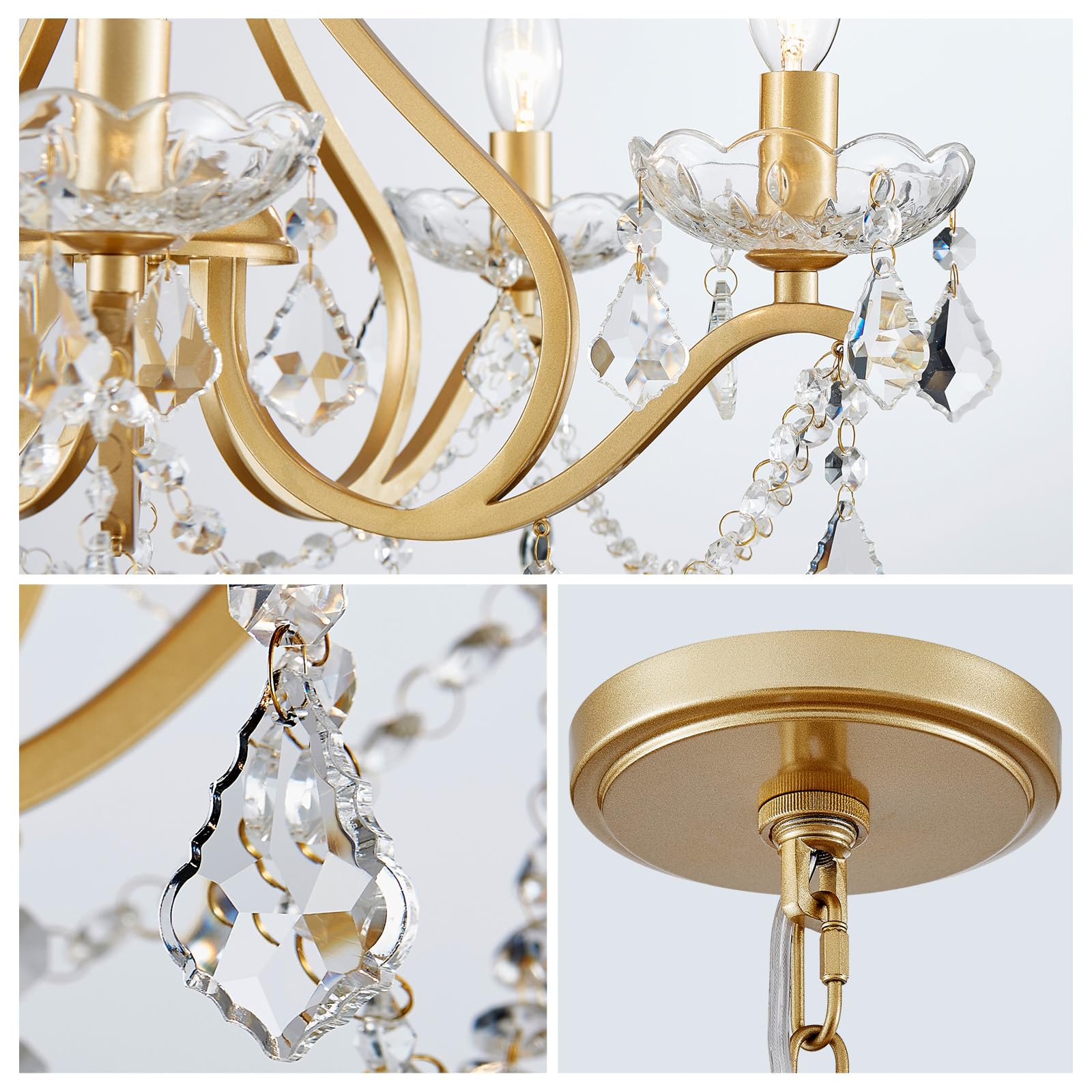 WUZUPS Crystal 5-Light Chandelier Pendant Ceiling Light, Gold, H 20.9" x W 21.7", Modern Lighting Fixture for Bedroom, Kitchen, Bathroom