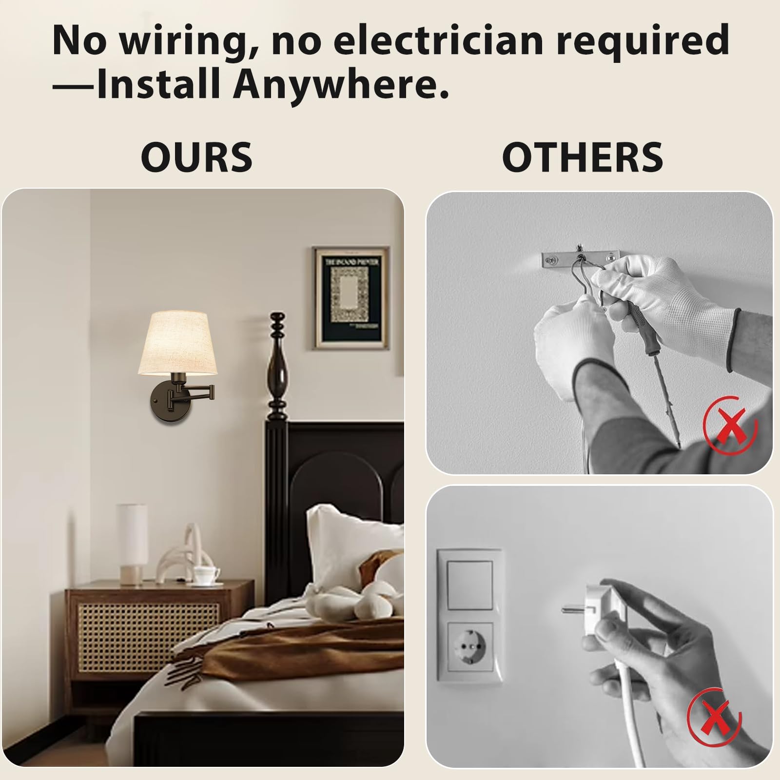 Onwecen Wall Sconces Set of Two, Wireless Swing Arm Lights, 10000mAh RGB Bulb, Remote Control, Fabric Shade, Black, Model SPU19