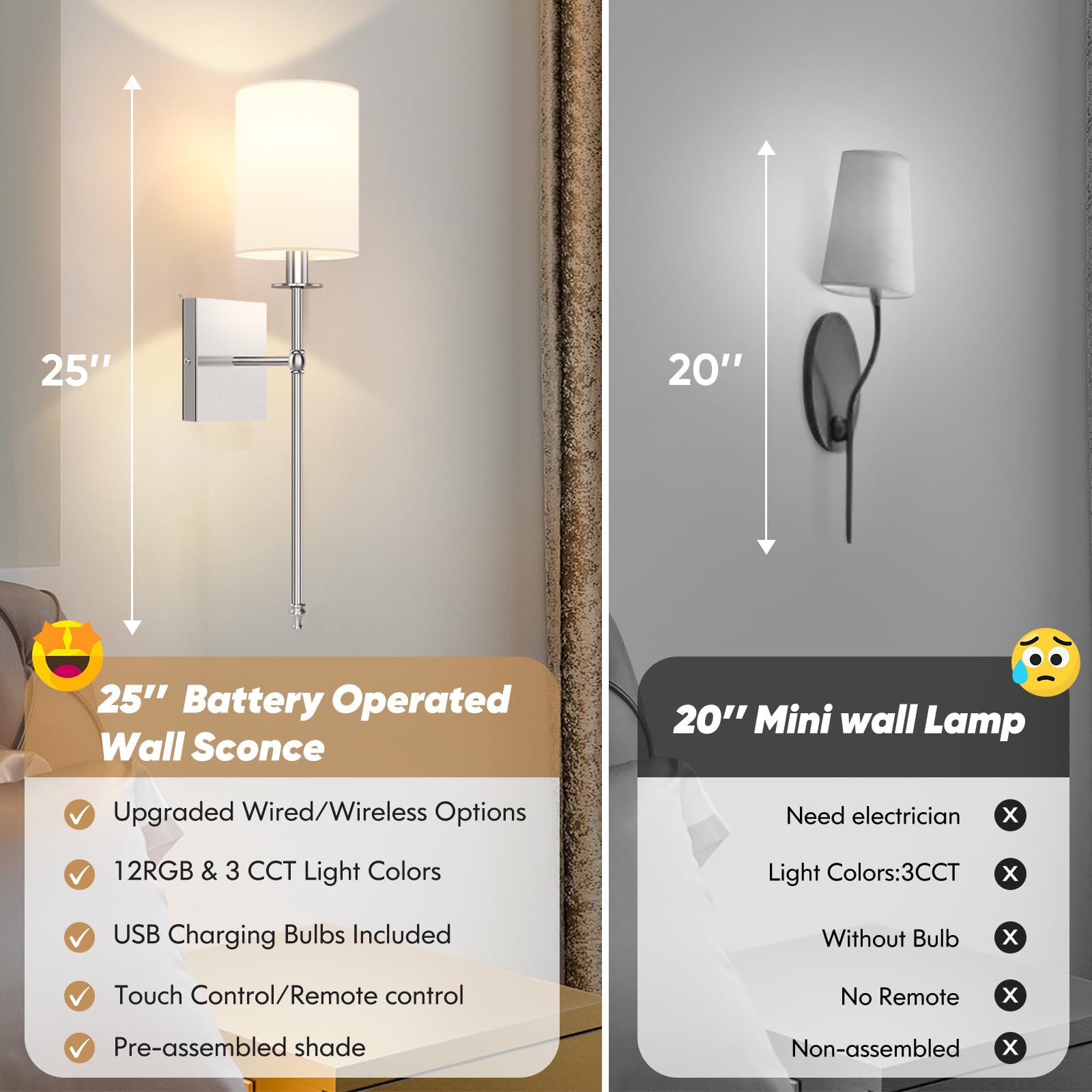 Bosceos Wall Sconces Set of 2, 24.8 Inch Battery Operated, Brushed Nickel, Dimmable Wireless Lights with Remote, Model L2018-1SN
