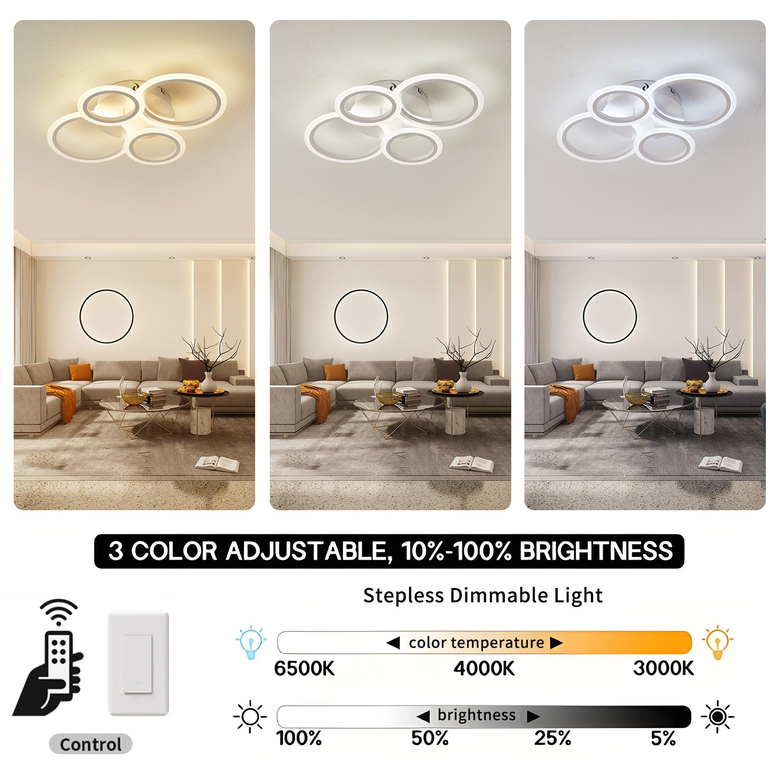 Cyaruy Led Ceiling Light With Remote, 3000K-6500K Dimmable, 4-Ring White Round Chandelier, Semi-Flush Mount Ceiling Lamp For Liv
