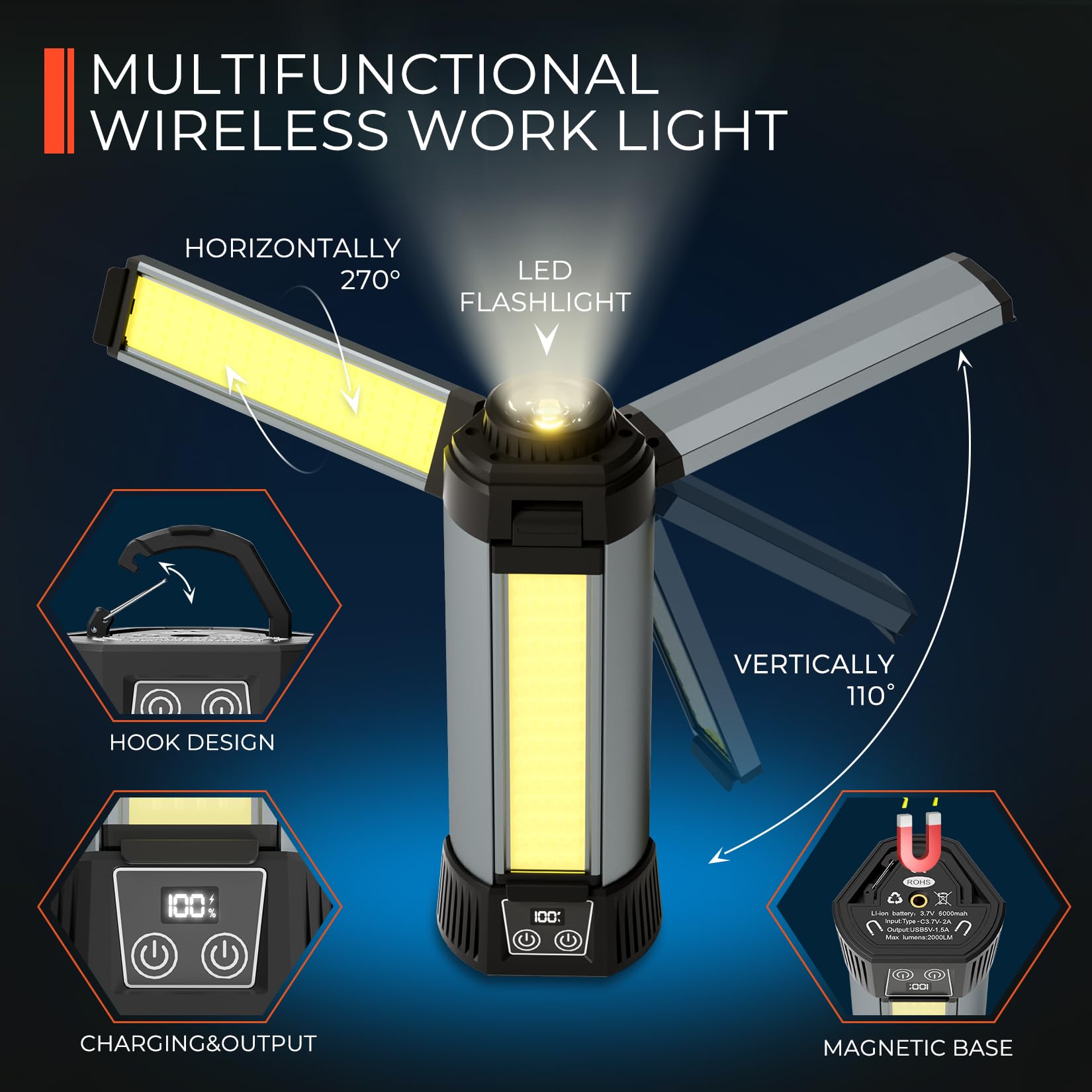 Mlogiroa Rechargeable Work Light: Dimmable 6ah Camping Light - Cordless Work Lights 3 Page Head 500/1000/2000 Lumen for Outdoor