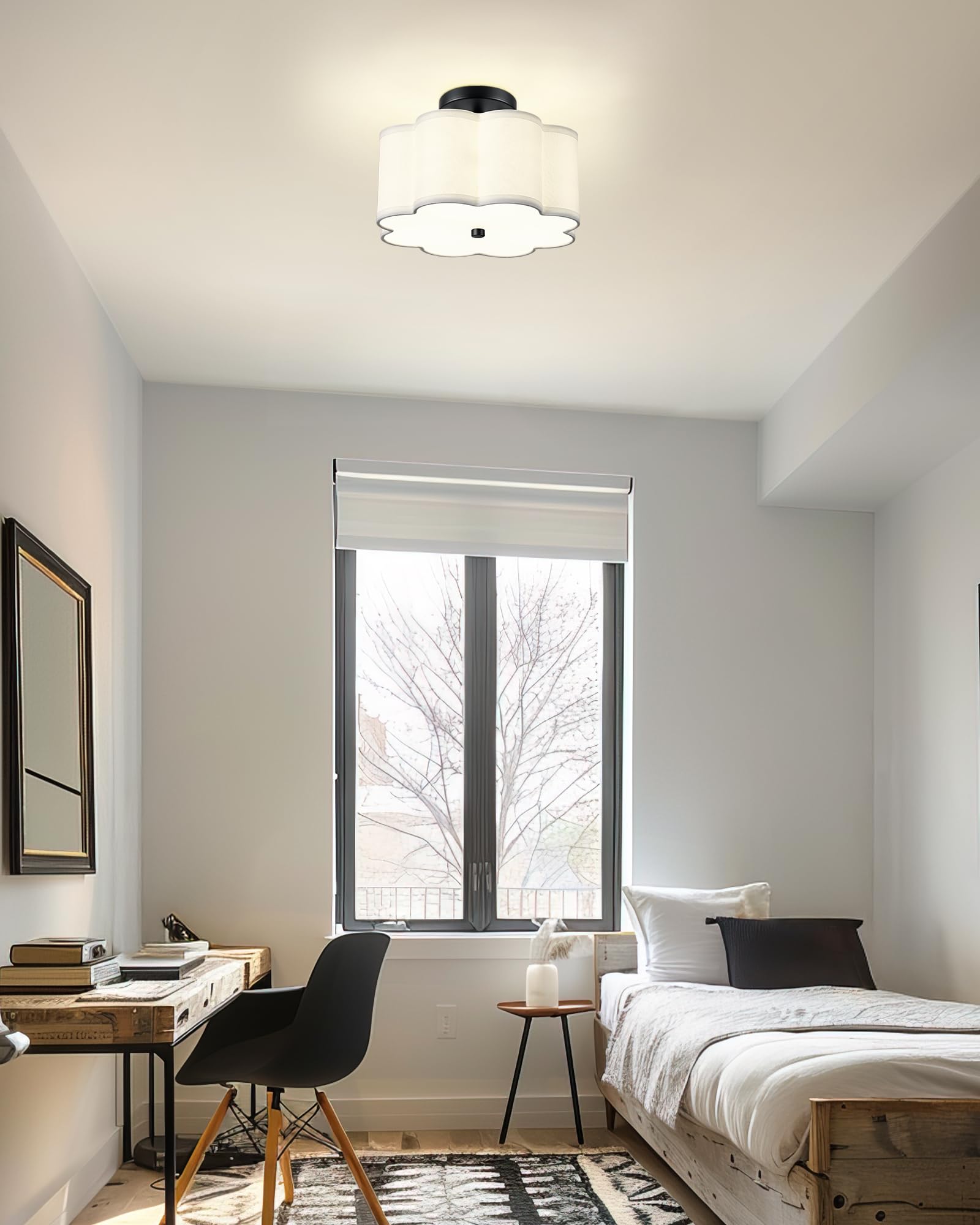Audickic Semi Flush Mount Ceiling Light, 3-Light 13'' Ceiling Light Fixtures With Fabric Shade In Flower Shape, Matte Black Ceil