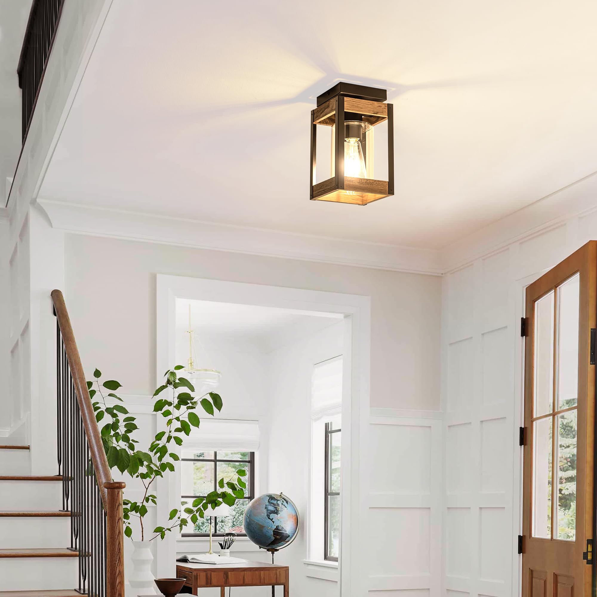 Mayful Rustic Flush Mount Ceiling Light With Metal & Wood Frame, Clear Glass Fixture For Home