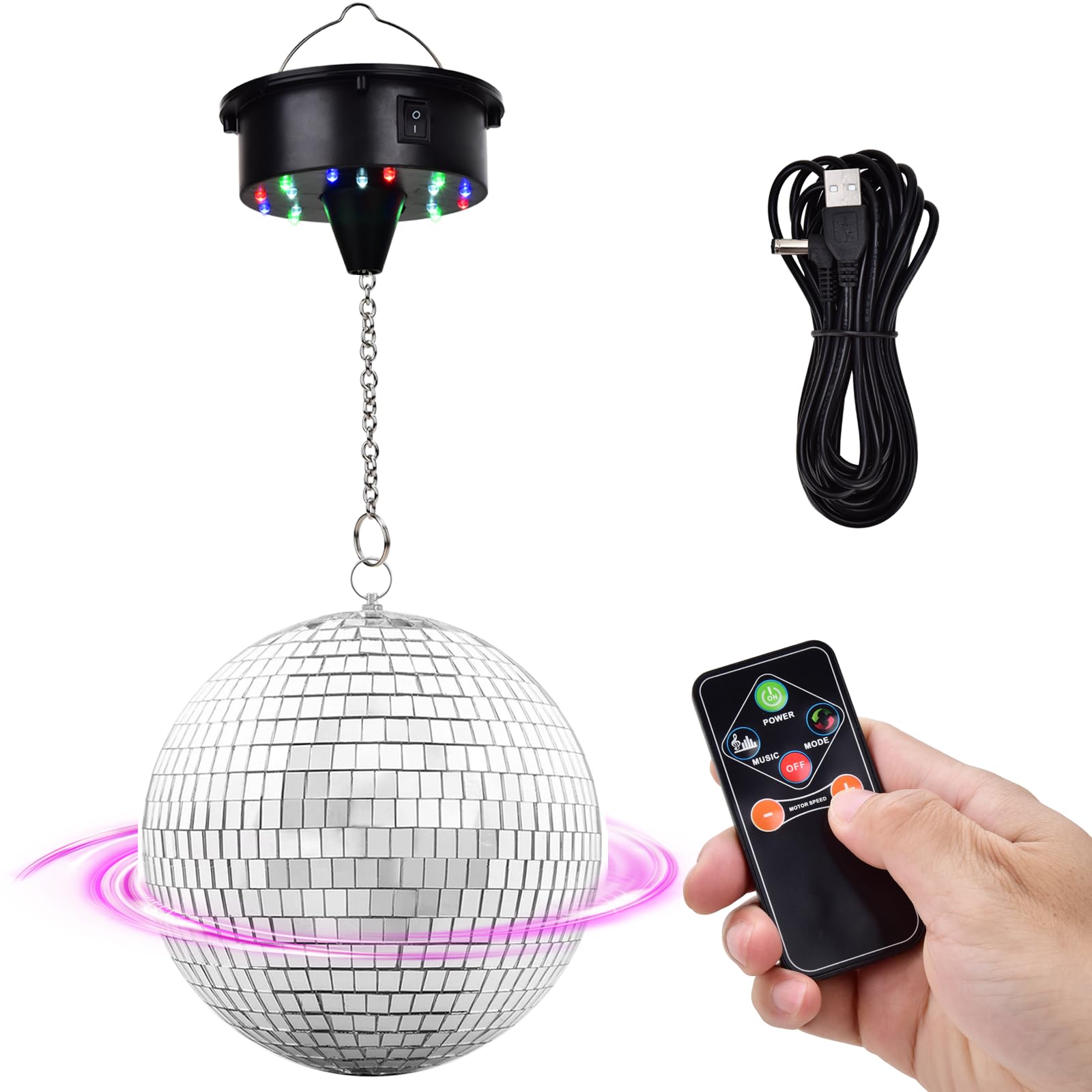 COOMATEC Rotating Disco Ball Light with Motor, 6-12RPM, 4 Colors, 6in Size, Black, Model 2025-MT06