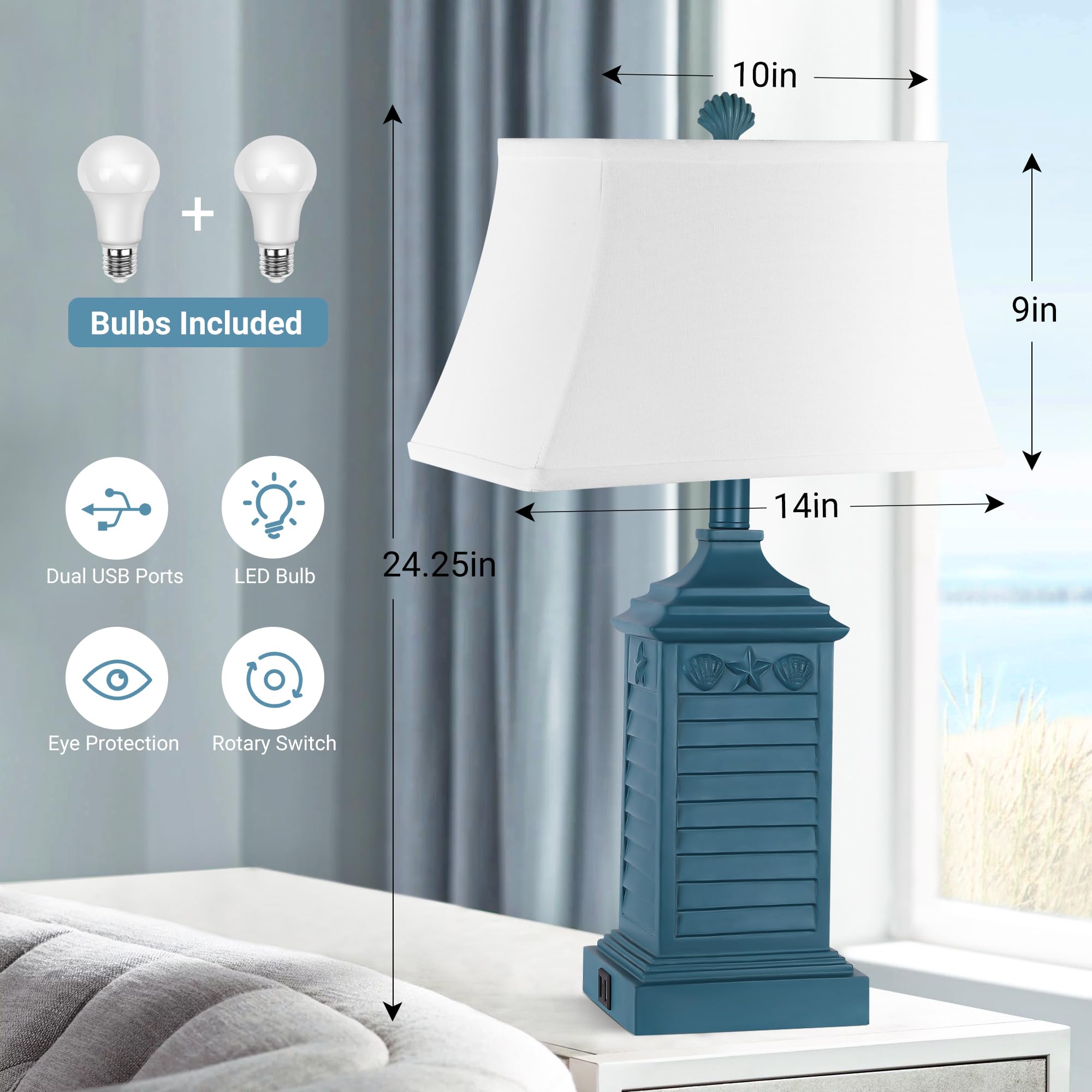 Hamucd Set of 2 Coastal Nautical Navy Blue Table Lamps with USB Ports & AC Outlet, Farmhouse LED Bulbs, Model HMLP278AD2