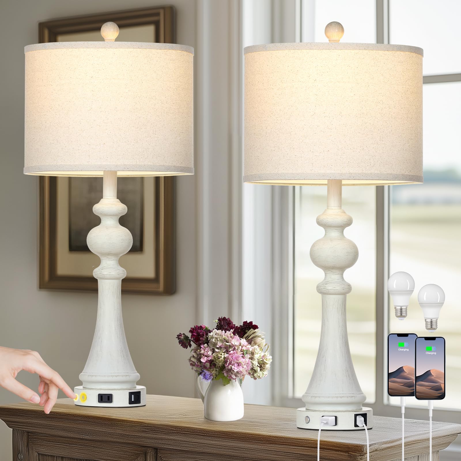 28'' Farmhouse Lamps Set of 2, Vintage 3-Way Dimmable Touch Control Table Lamps with USB A+C Fast Ports & AC Outlets, Rustic Tra