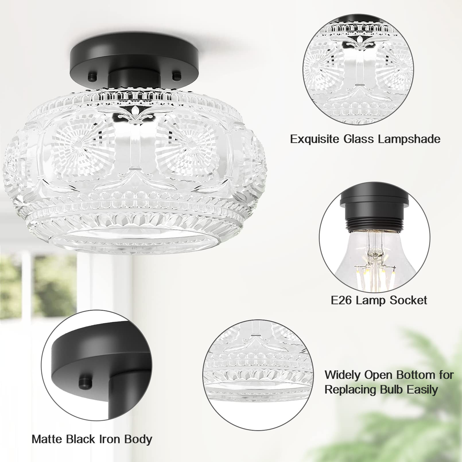 Oykyohei Semi Flush Mount Ceiling Light, Globe Glass Ceiling Light Fixture, Black Modern Lighting For Hallway Porch Corridor Kit