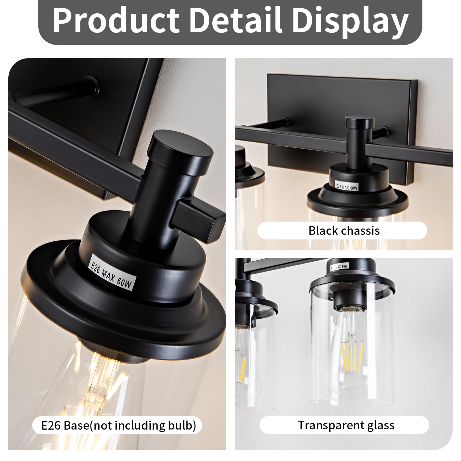 Aixialin 3 Light Bathroom Light Fixtures, Modern Black Vanity Lights Over Mirror, Wall Sconce With Clear Glass Shade And Metal B
