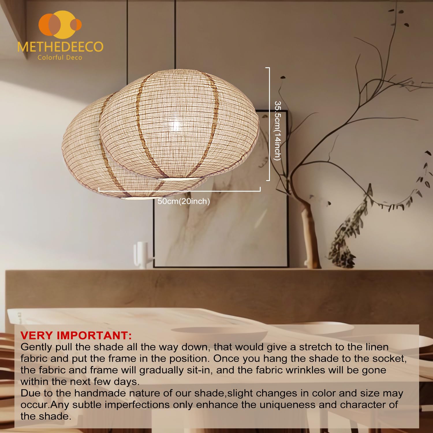 Methedeeco 2Pcs 20Inch Big Diamond Shape Hanging Fabric Lampshade,Paper Lantern,Minimalist Boho White Beige Foldable Linen Pendant Light For Living Room, Dining Room, Bedroom,Showcase Deco And Gift