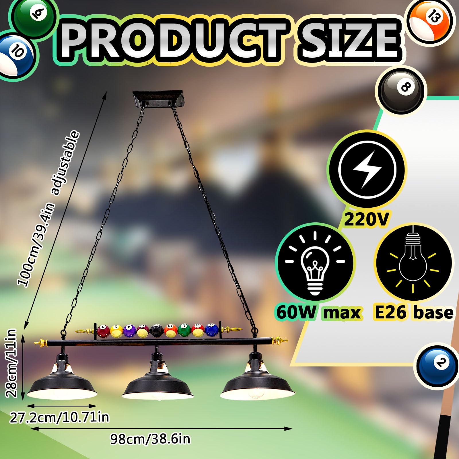 Rossesay Adjustable Pool Table Light Fixture, 3 Metal Shades, 7'-8' Billiard Pendant Lamp, Black, Model XUU-Rossesay-1382