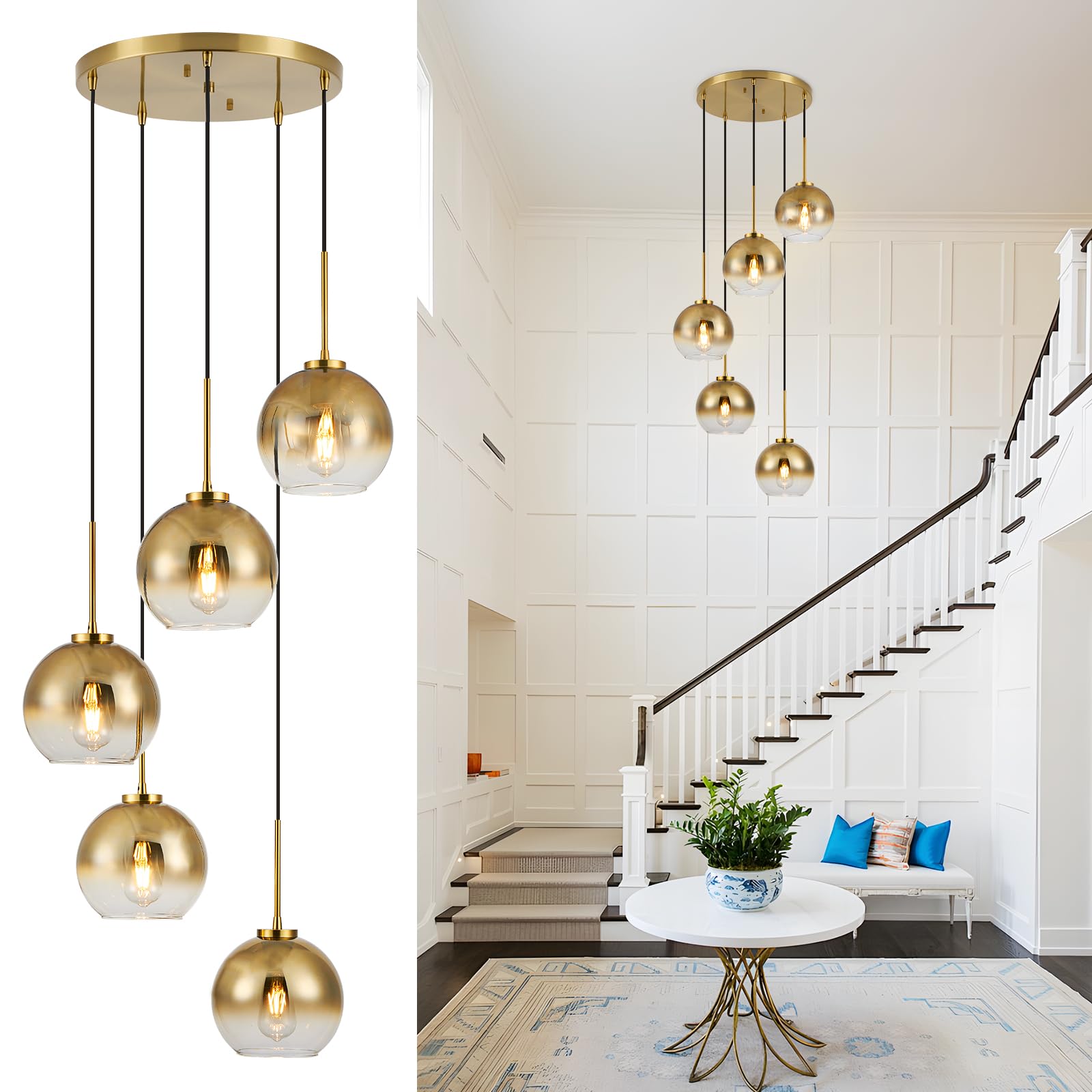 Niloah Mid Century Modern Chandelier, 5-Light Gradient Gold Glass Pendant Lights Kitchen Island, Pendant Lights with Adjustable 