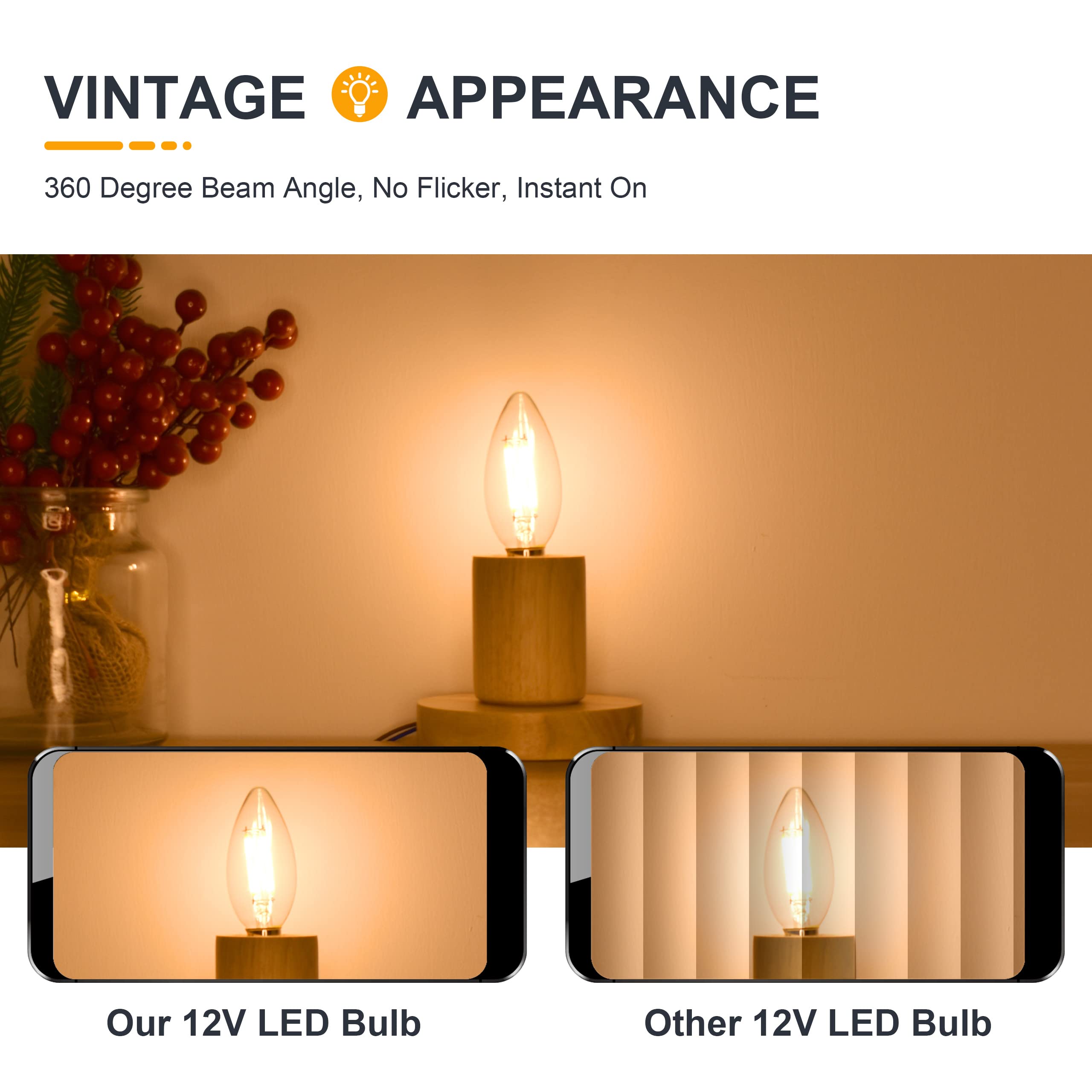 Tokcon 12 Volt Low Voltage Candelabra Led Light Bulbs - Soft Warm White 2700K 4W(Only For 12V Dc/Ac) - E12 Small Base - 40W Equi