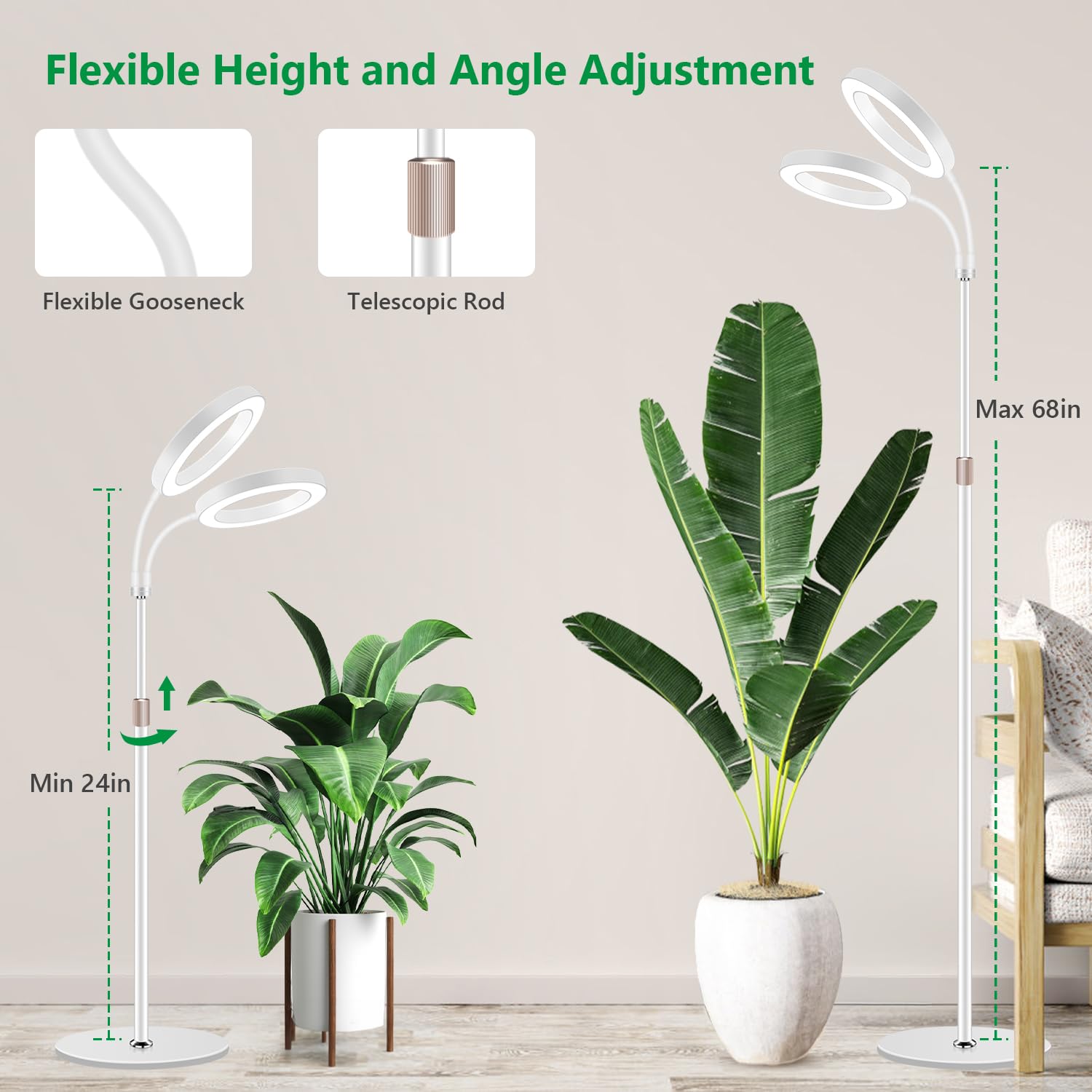 Aumtrly Large Plant Light For Indoor Plants, 2 Head Full Spectrum Grow Light With 68&quot; Adjustable Stand For Growing Large Tall Plants, White Halo Floor Led Grow Lamp With 16 Hour Timer