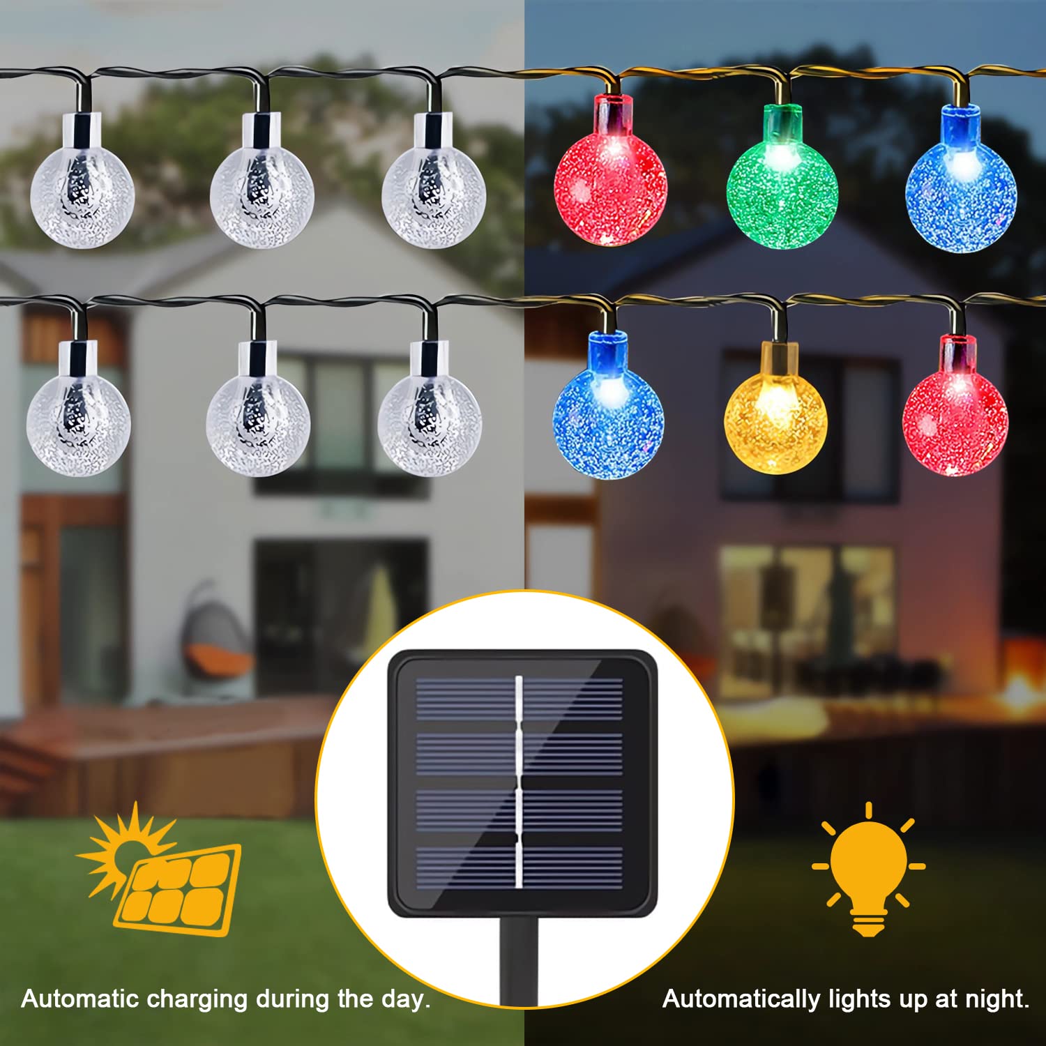 Onstuy 36Ft Solar String Lights, 60 Leds Multicolor Crystal Globe, 8 Modes, Waterproof For Outdoor Decor