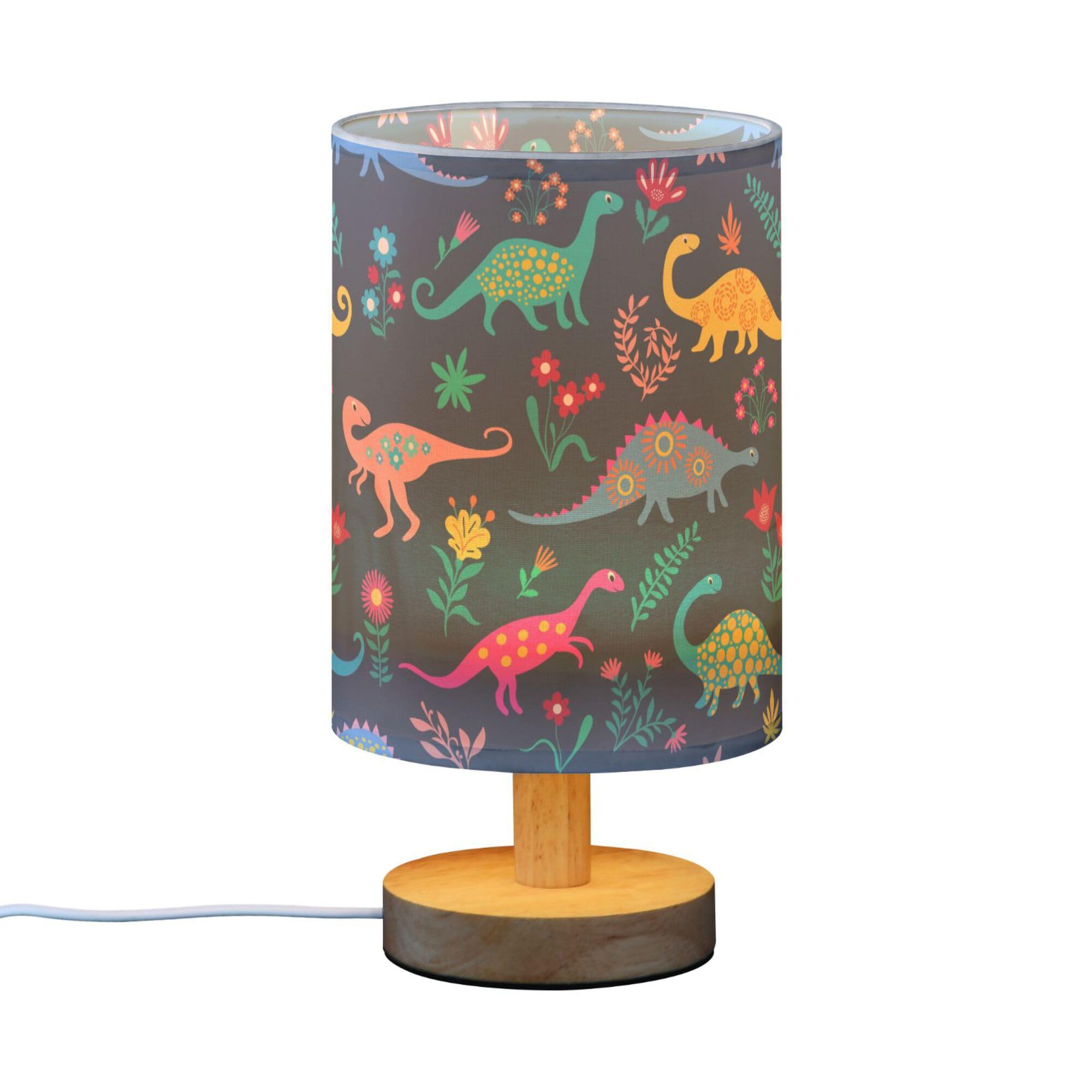 Yyzzh Table Lamp Dinosaur Floral Pattern Nightstand Lamp With Wood Base Fabric Lamp Shade Bedside Desk Lamp For Living Room Bedroom Kids Room Office
