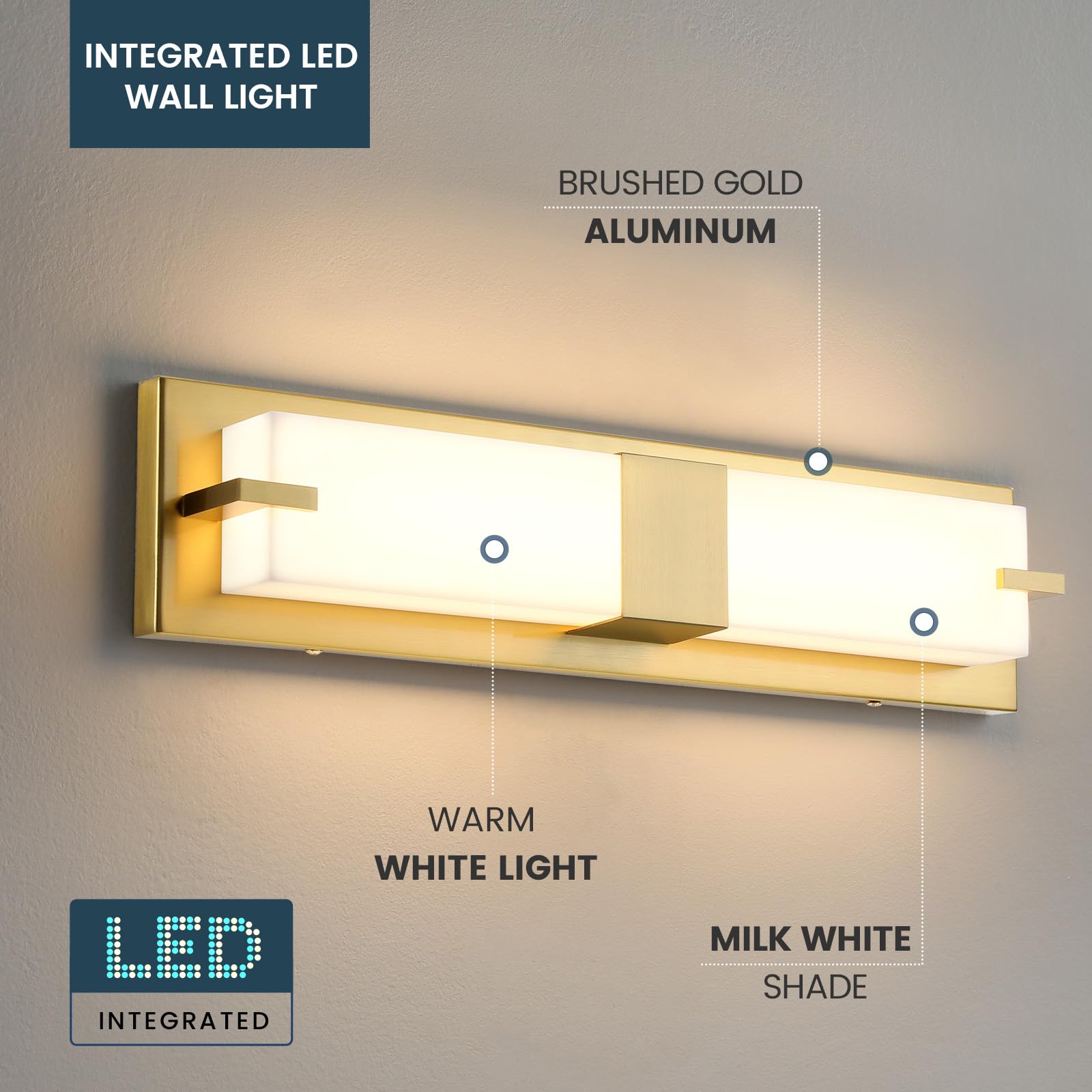 WOSHITU Gold Sconces Wall Lighting - 24W 3000K Wall Sconces LED Dimmable with Acrylic Shade Bathroom Vanity Lights for Bathroom,