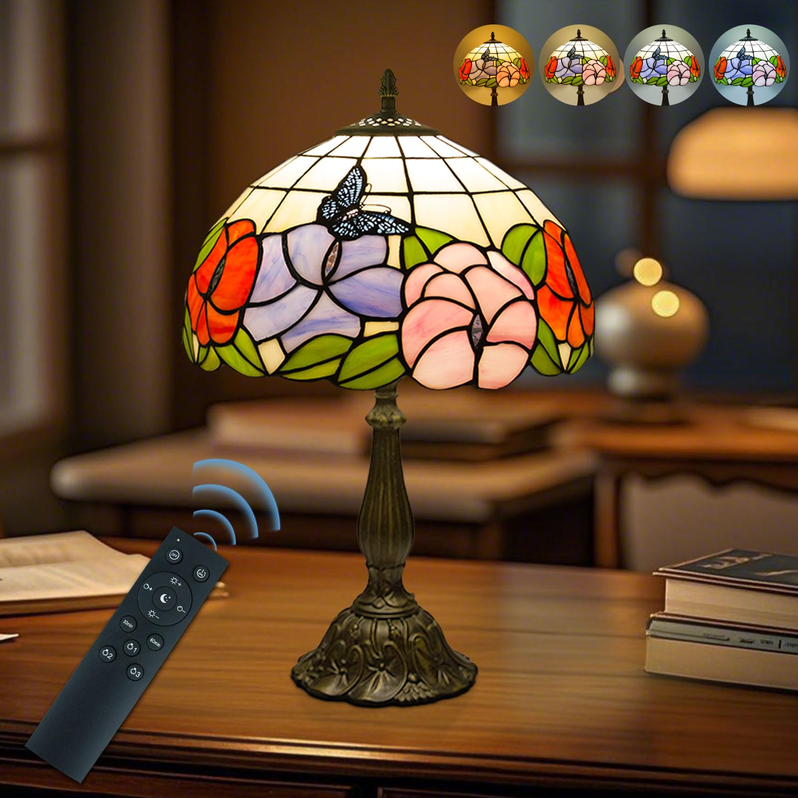 Crefotu 12 Inch Tiffany Table Lamp with Remote Control, Stepless Dimmable, Glass, Butterfly Flower, Model CFLP-0003